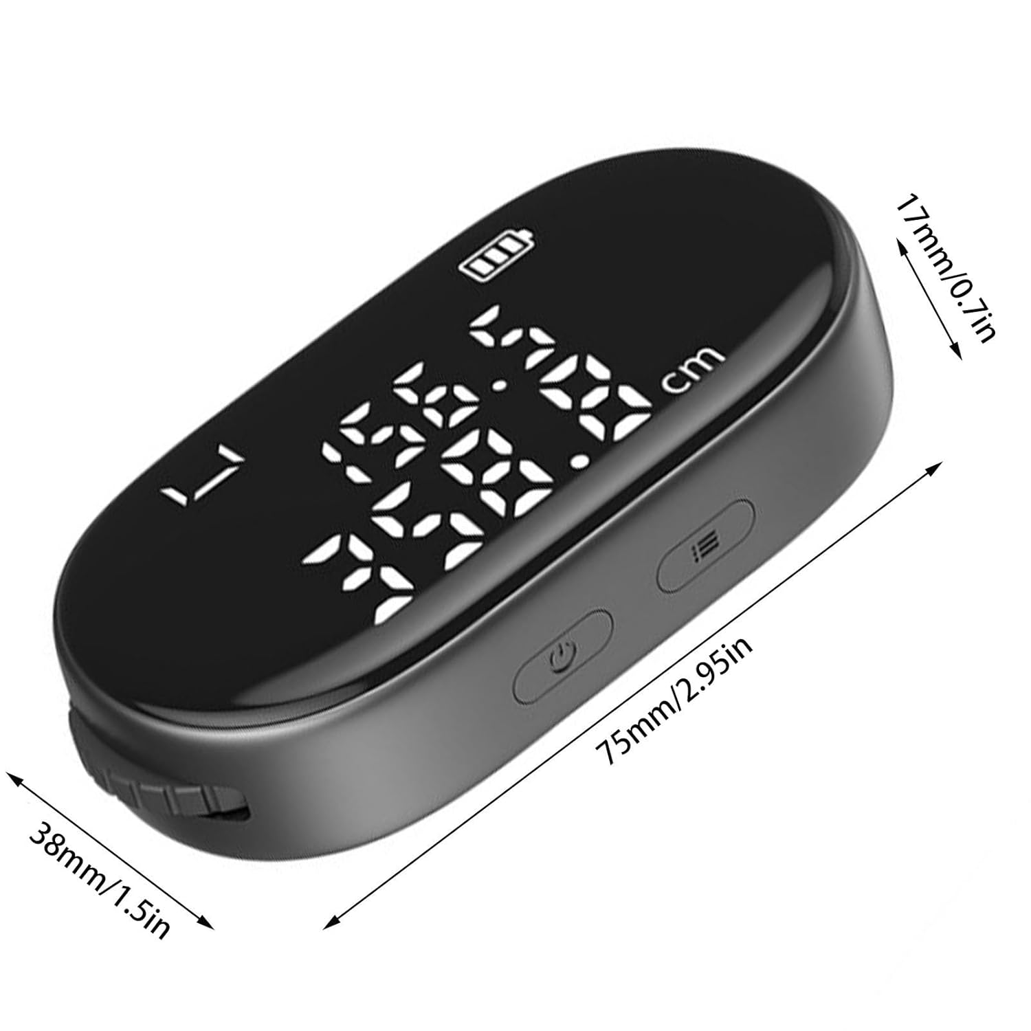 Schwarzes digitales Messgerät mit Batterieanzeige und Maßen.