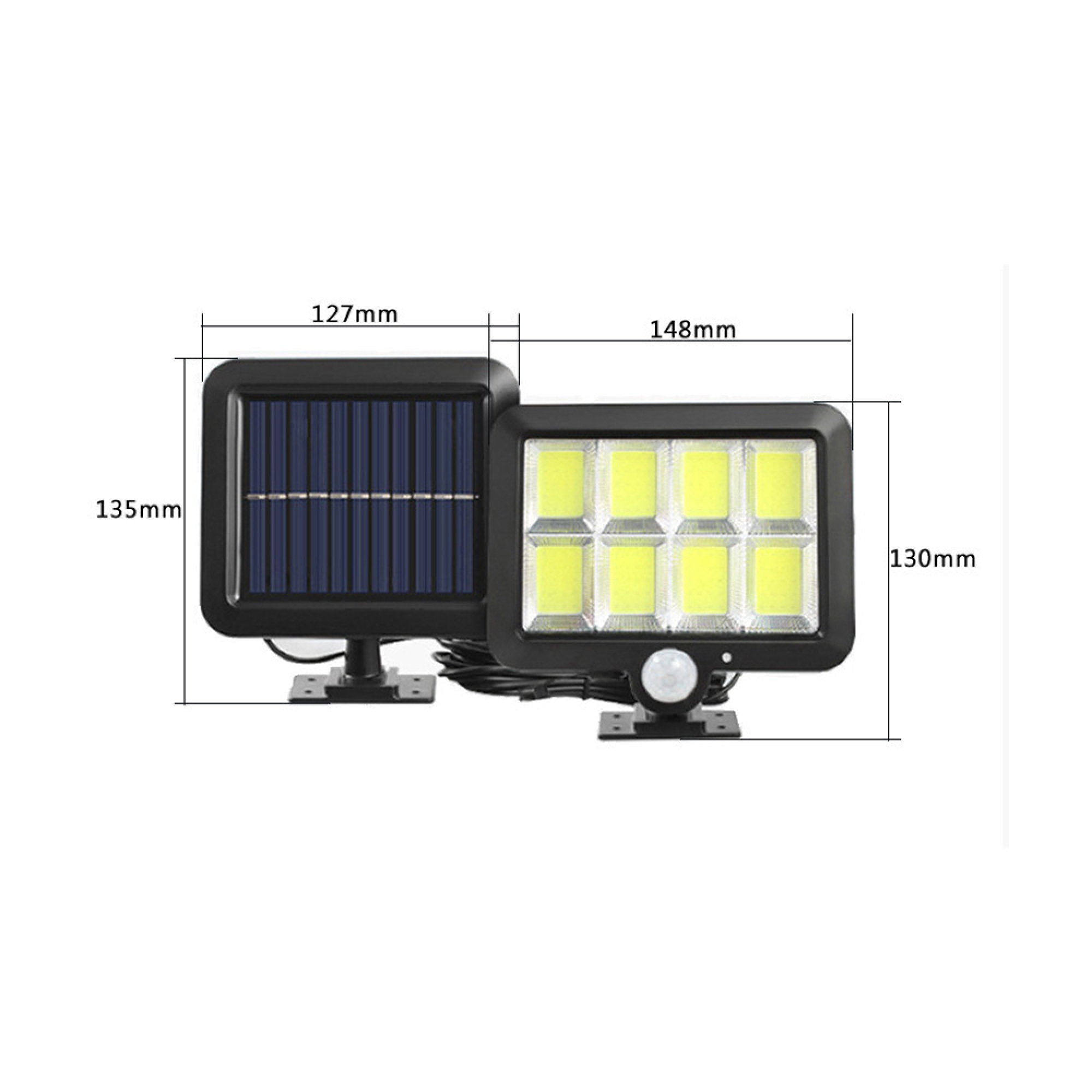 Solarleuchte mit acht LEDs und einem Bewegungssensor, neben einem Solarpanel.