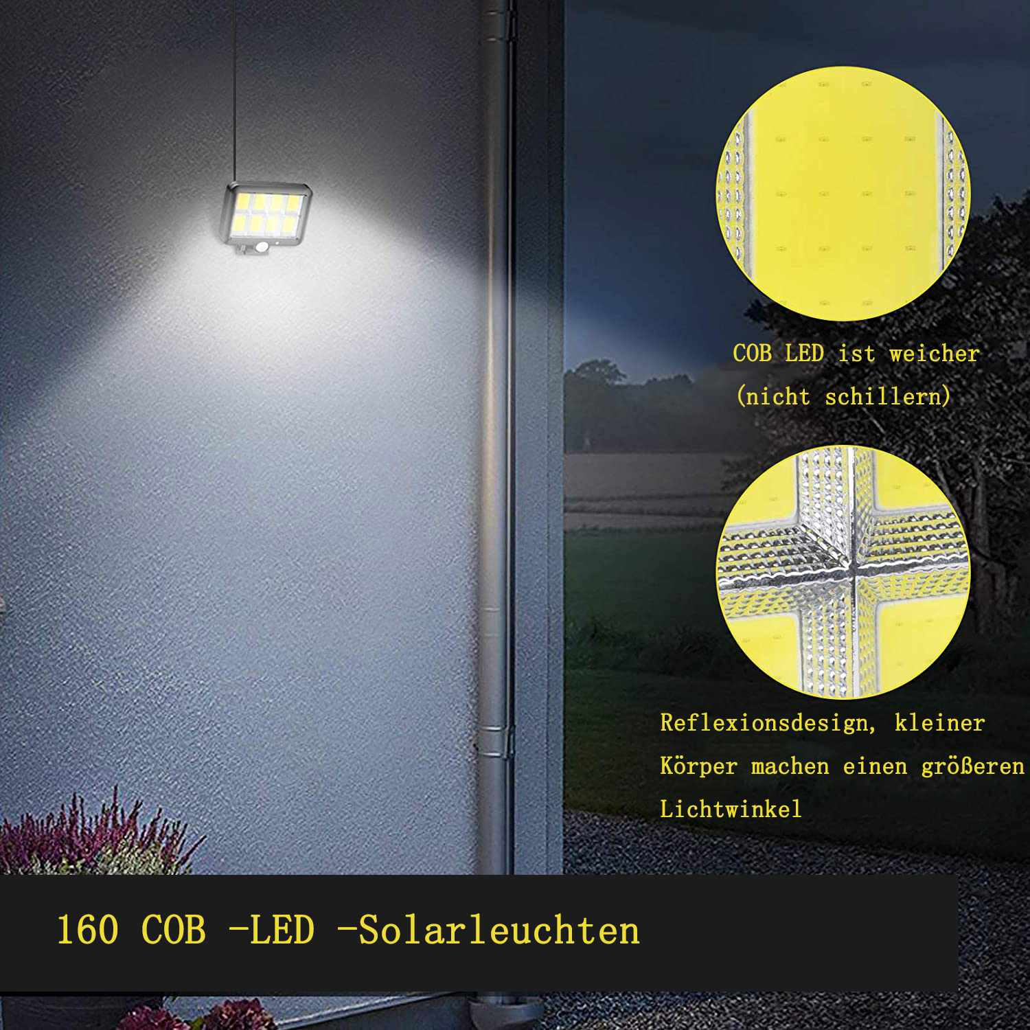 Eine Wandleuchte mit COB-LEDs beleuchtet eine Hauswand.