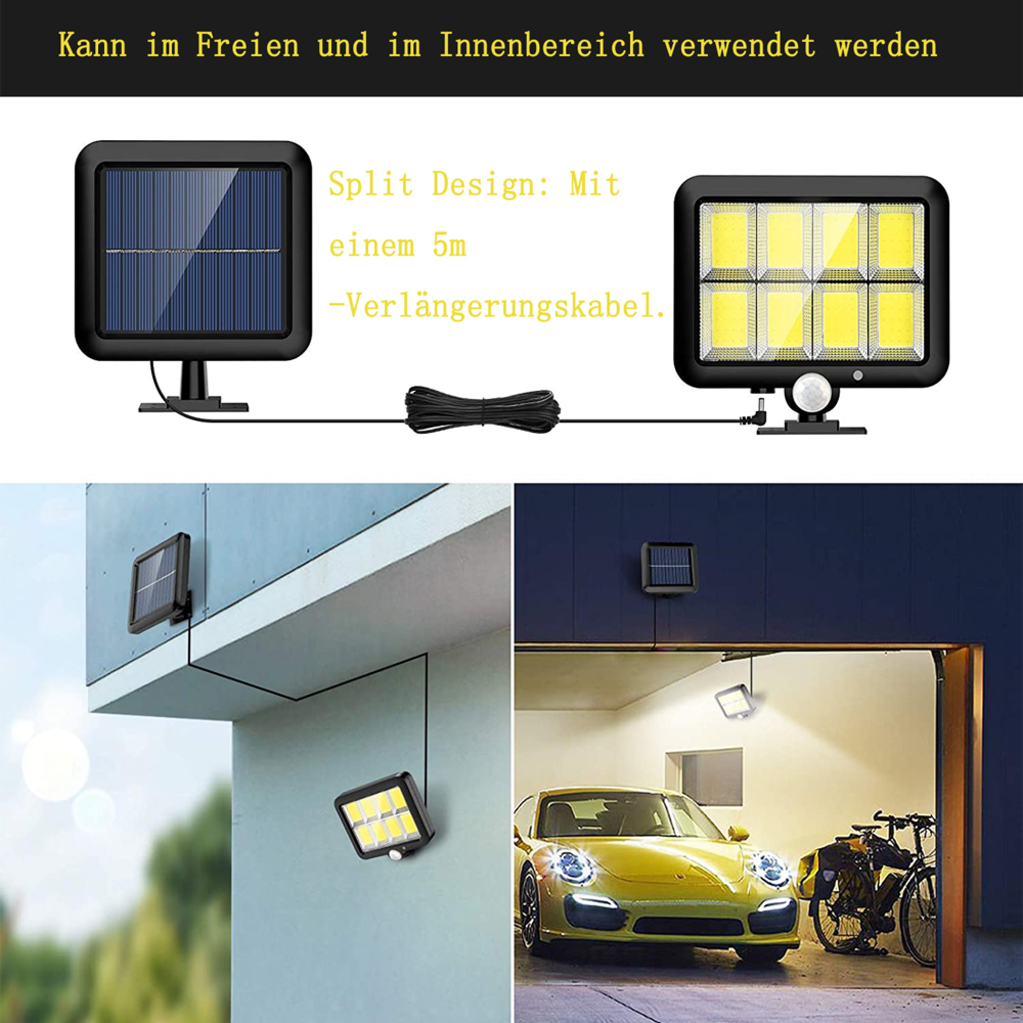 Solar-Außenleuchte mit Split-Panel und 5m Kabel, für Haus und Garage.