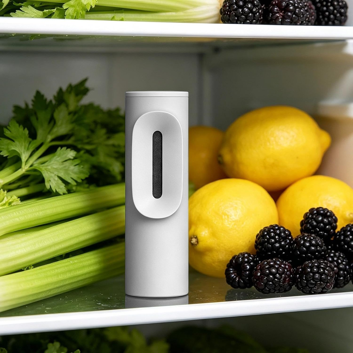 Ein weißer Lufterfrischer steht zwischen Sellerie, Zitronen und Brombeeren im Kühlschrank.