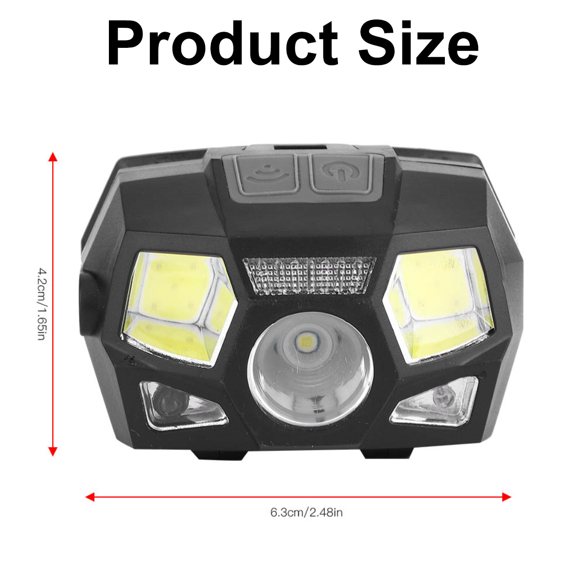 Schwarze Stirnlampe mit mehreren LEDs, Maße 4,2 cm Höhe und 6,3 cm Breite.