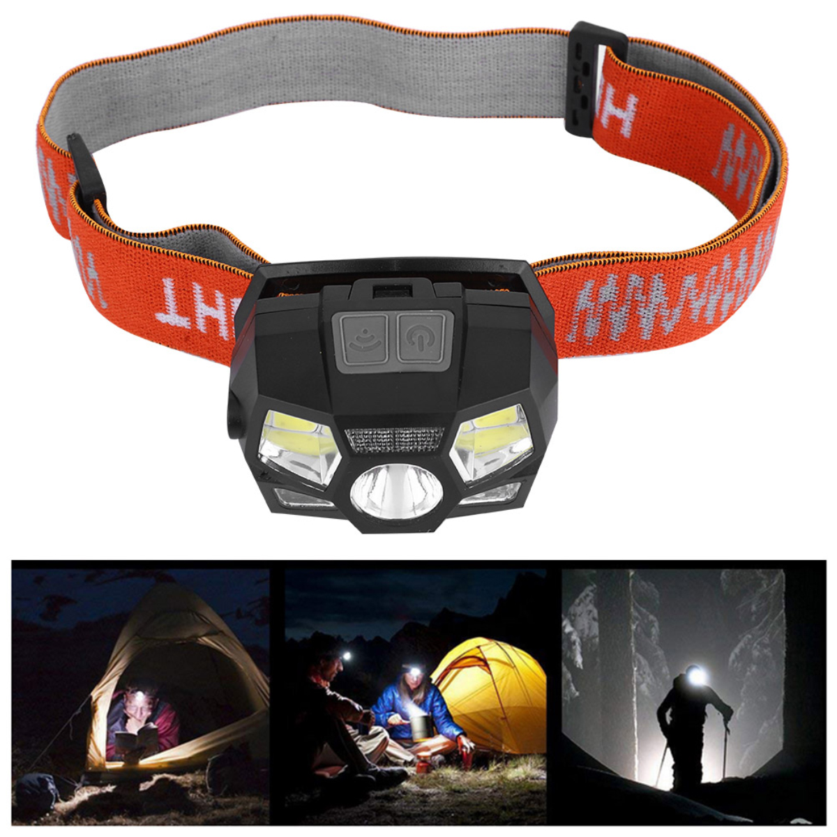 Stirnlampe mit orangefarbenem Band und drei Szenen von Campern bei Nacht.