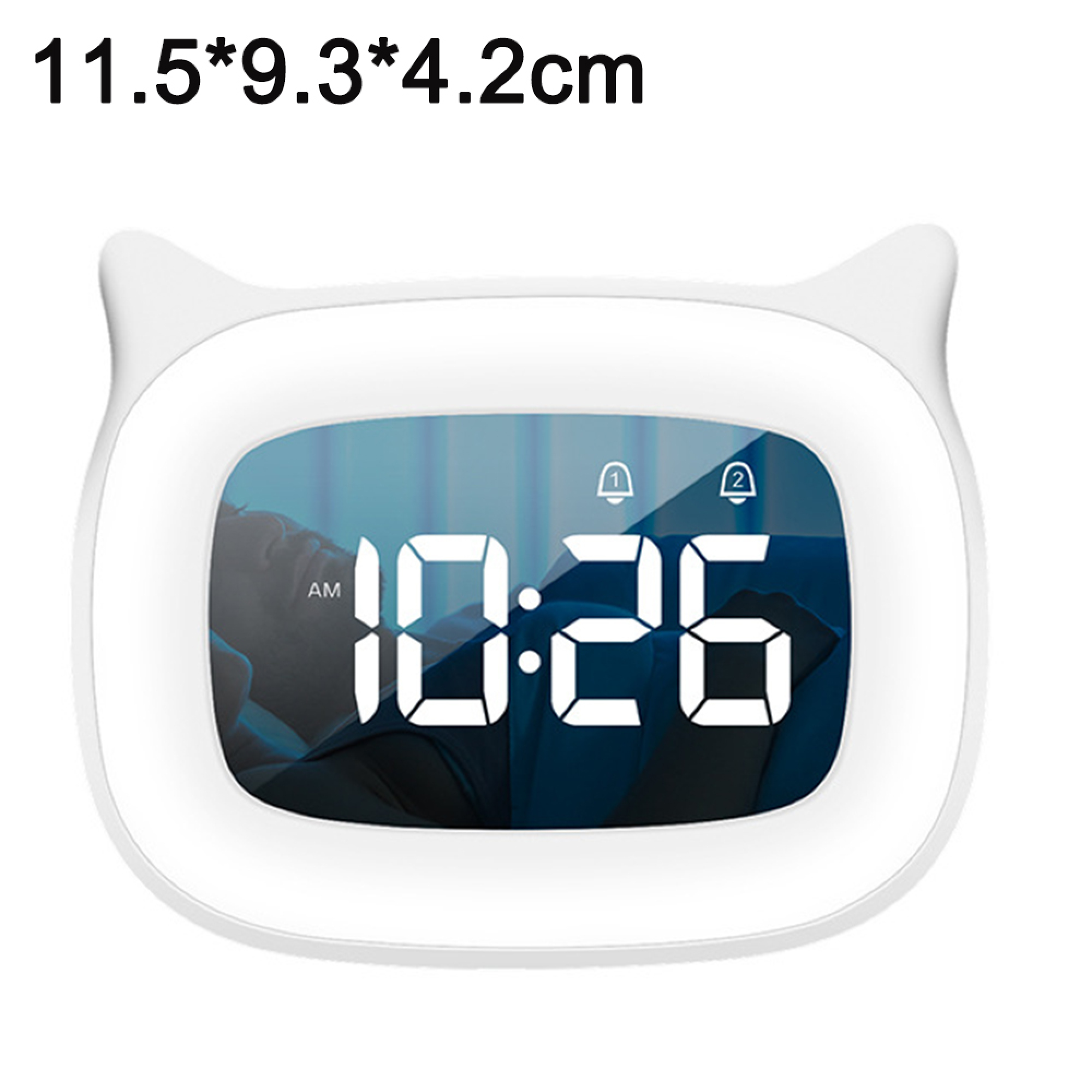 Ein weißer digitaler Wecker in Katzenform zeigt 10:26 AM an.