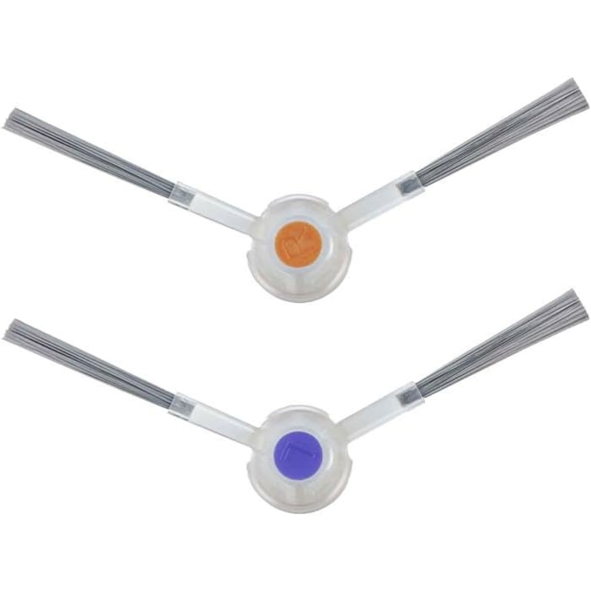 Zwei Seitenbürsten für Saugroboter, eine mit orangefarbener und eine mit blauer Mitte.