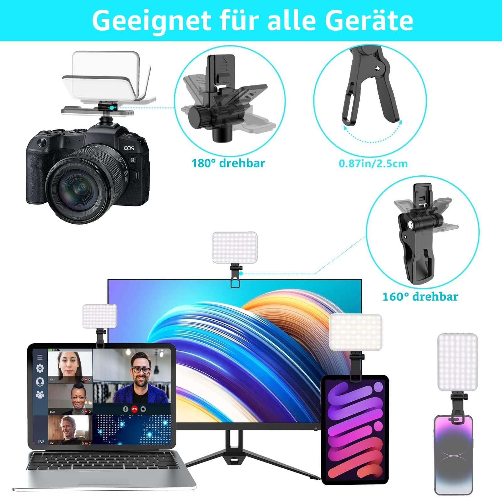 Ein Kamerasetup mit Blitzlichtern für Laptop, Tablet, Smartphone und Monitor.