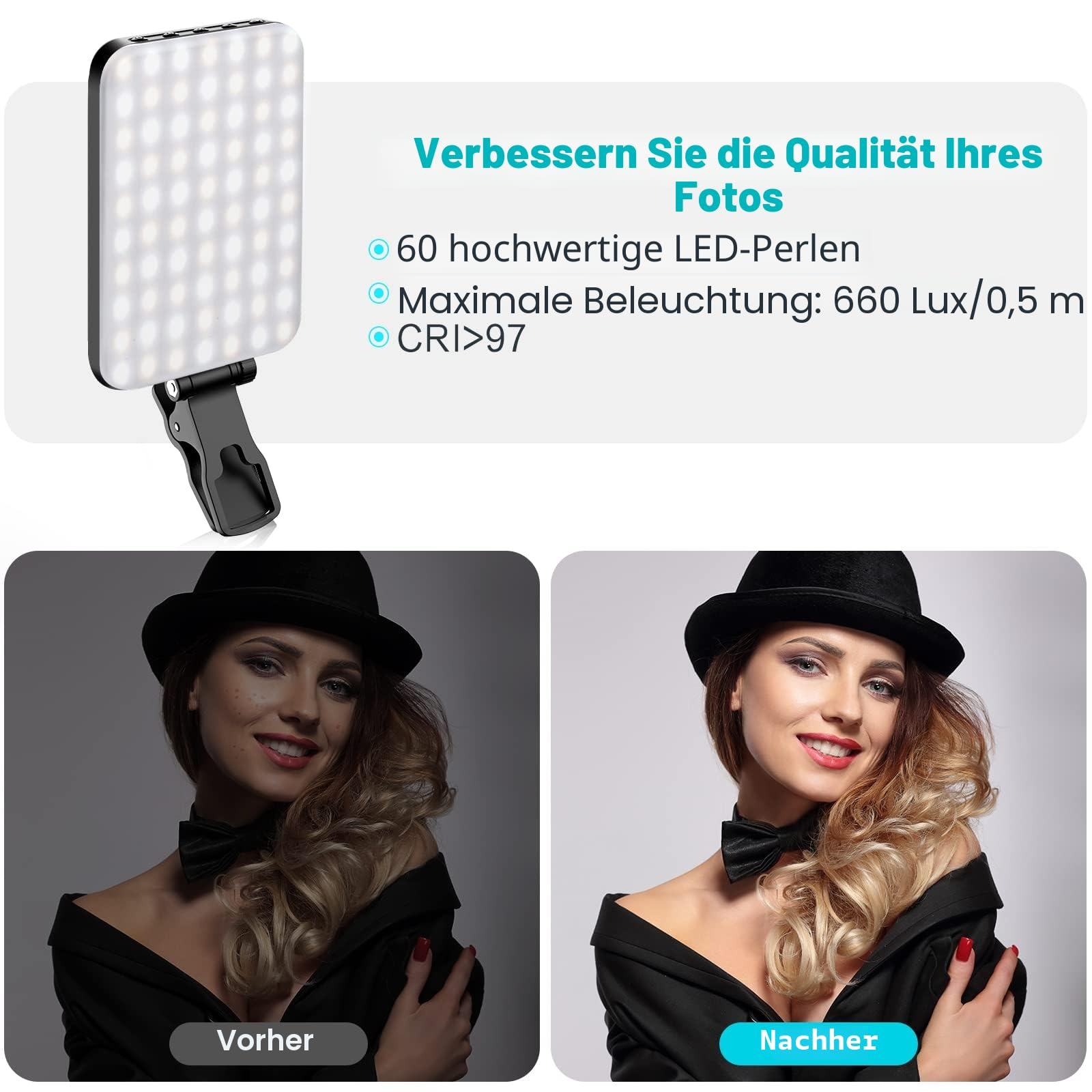 Vergleich einer Frau vor und nach der Beleuchtung mit einem LED-Licht.