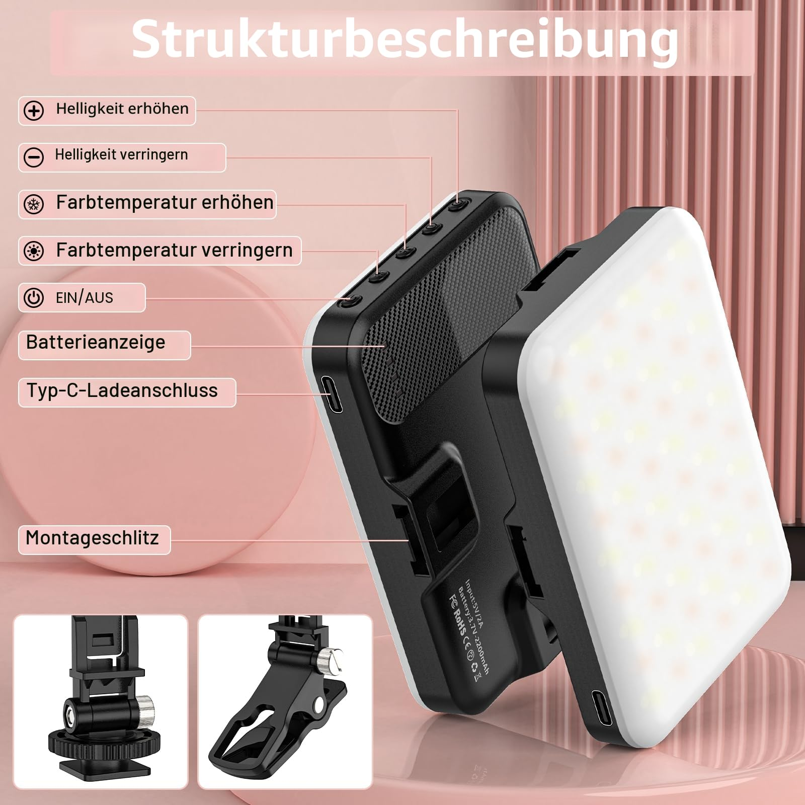 Ein tragbares LED-Licht mit Bedienelementen und Zubehörteilen.