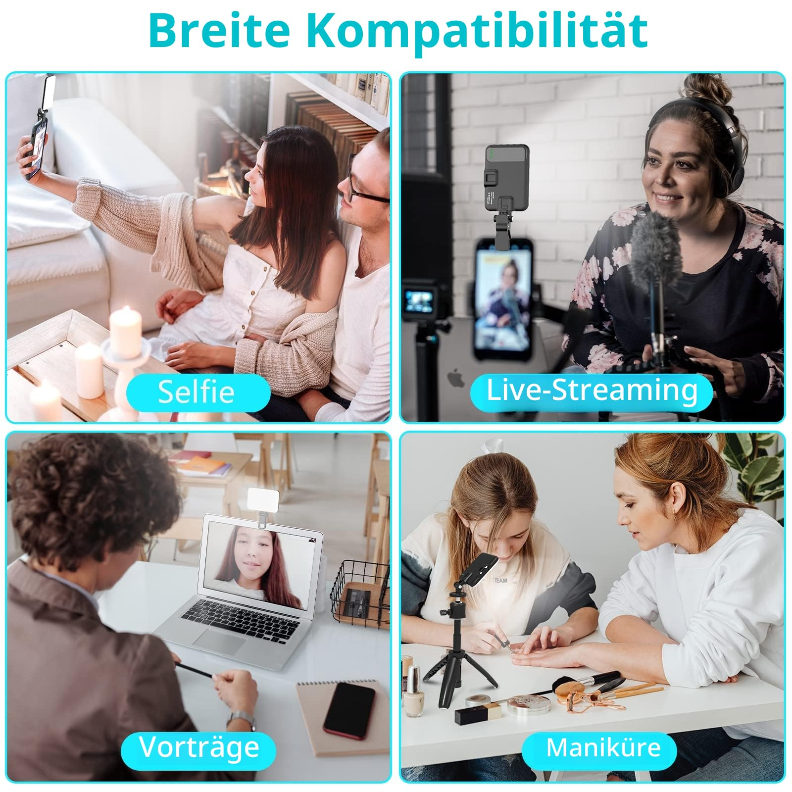 Vier Szenen: Selfie, Live-Streaming, Vortrag, Maniküre mit Handy-Halterung.