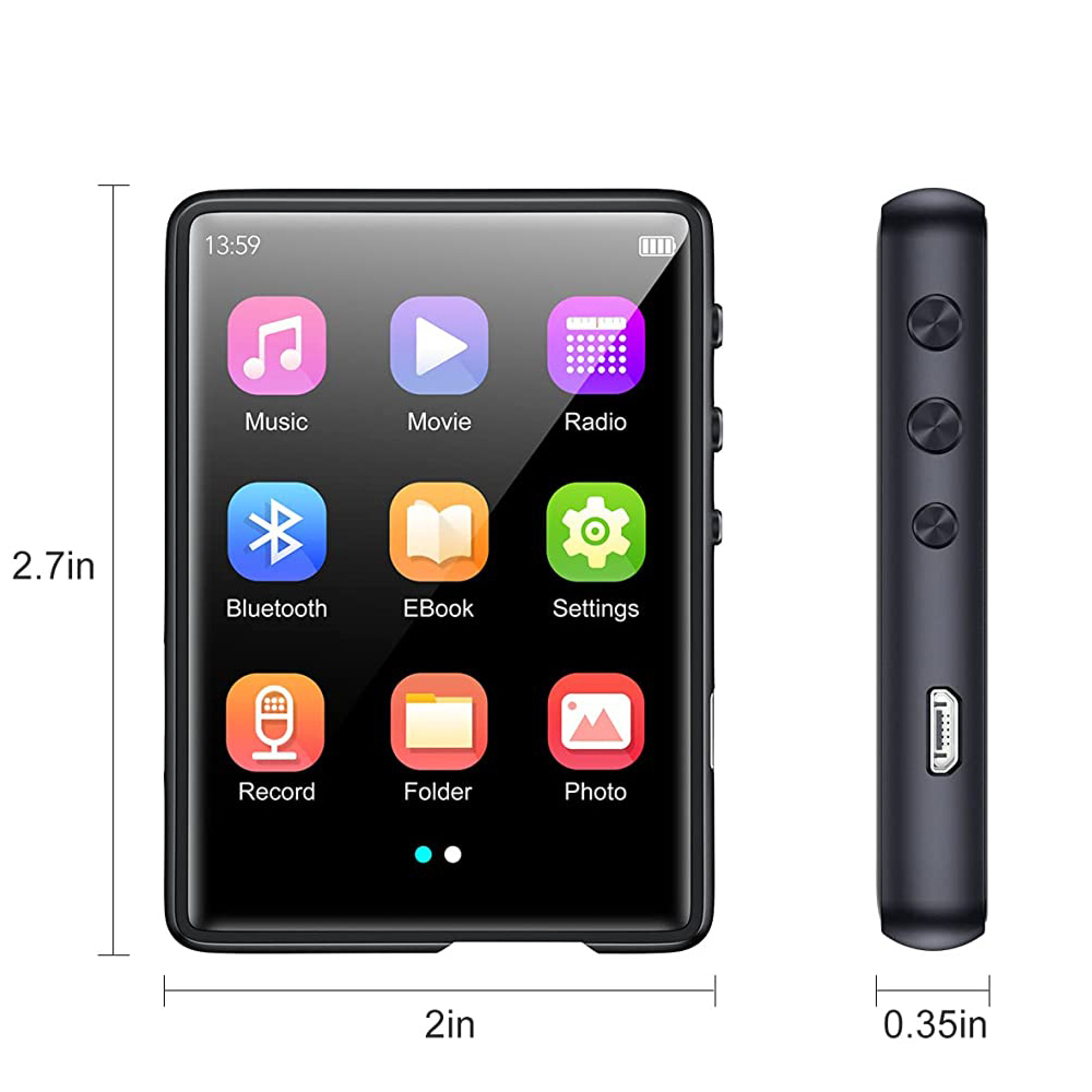 Ein schwarzer tragbarer Mediaplayer mit einem Bildschirm, der App-Symbole und Abmessungen von 2,7 x 2 x 0,35 Zoll zeigt.