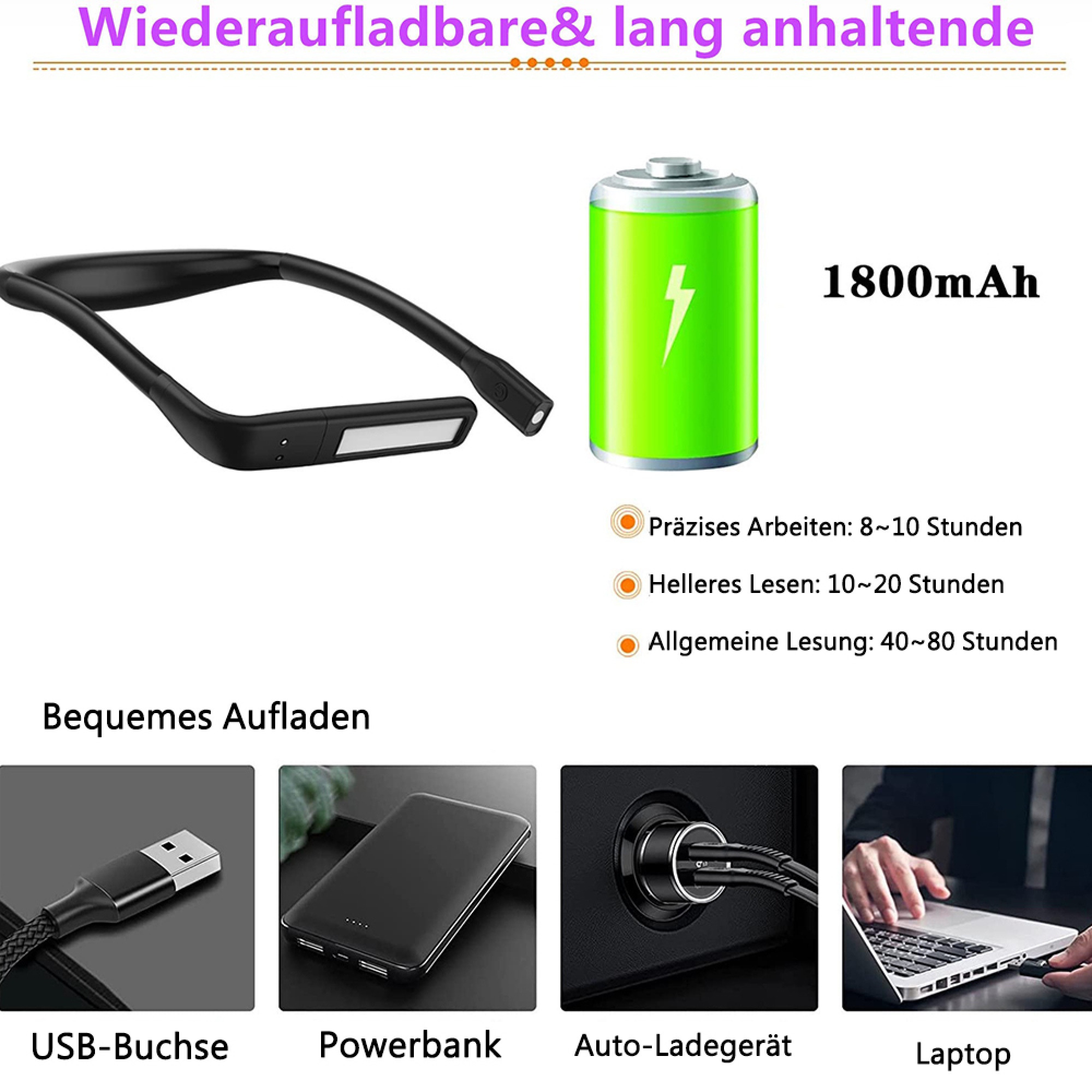 Wiederaufladbares Ladekabel mit 1800mAh Akku, USB, Powerbank, Autoladegerät und Laptop.