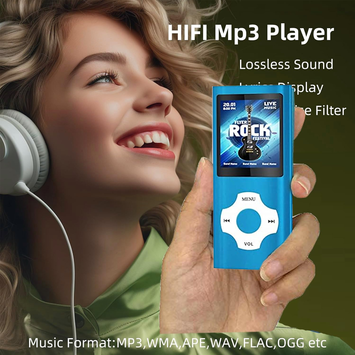 Eine Frau mit Kopfhörern hält einen blauen MP3-Player mit Musik-Display.
