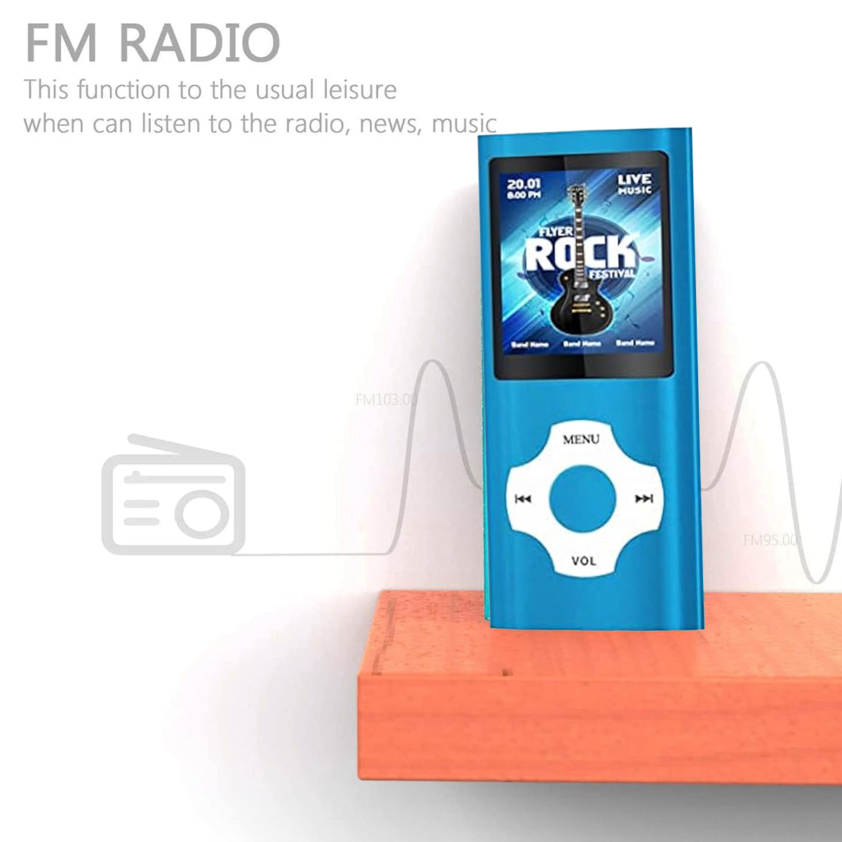 Ein blauer MP3-Player mit einem Rockfestival-Bildschirm und Bedienelementen auf einem Regal.