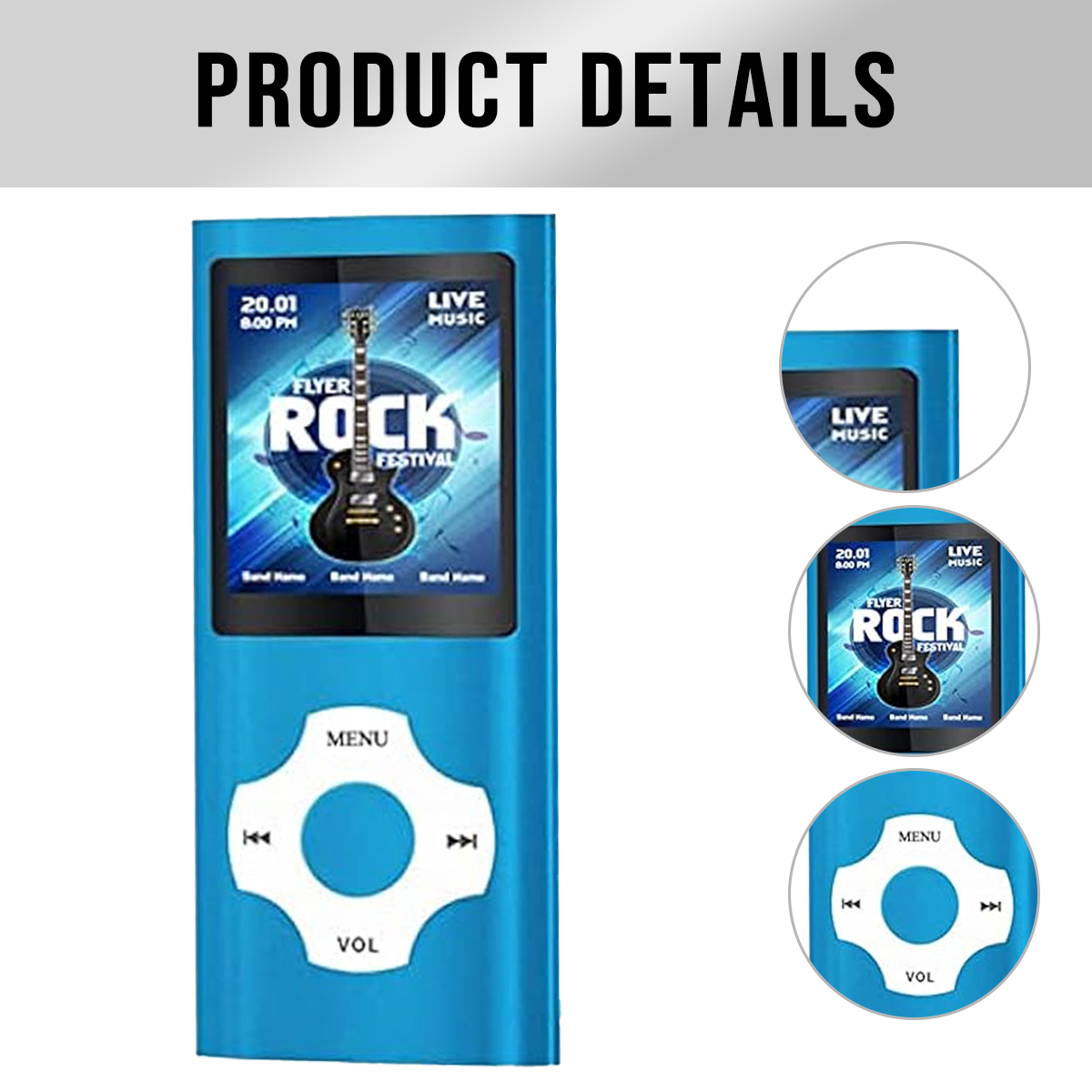 Ein blauer MP3-Player mit einem Gitarrenbildschirm für ein Rockfestival.