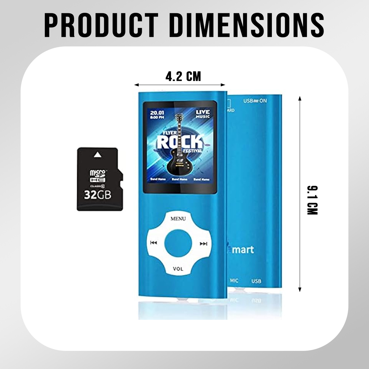 Blauer MP3-Player mit Bildschirm, Bedienelementen und 32GB MicroSD-Karte. Maße 4,2x9,1 cm.