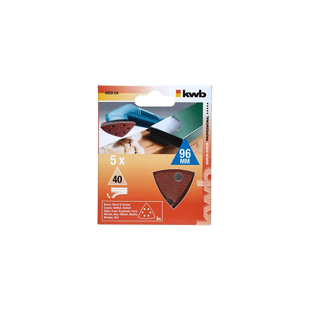 Verpackung mit Schleifpapier-Dreiecken, 5 Stück, Körnung 40, 96 mm, KWB Marke.