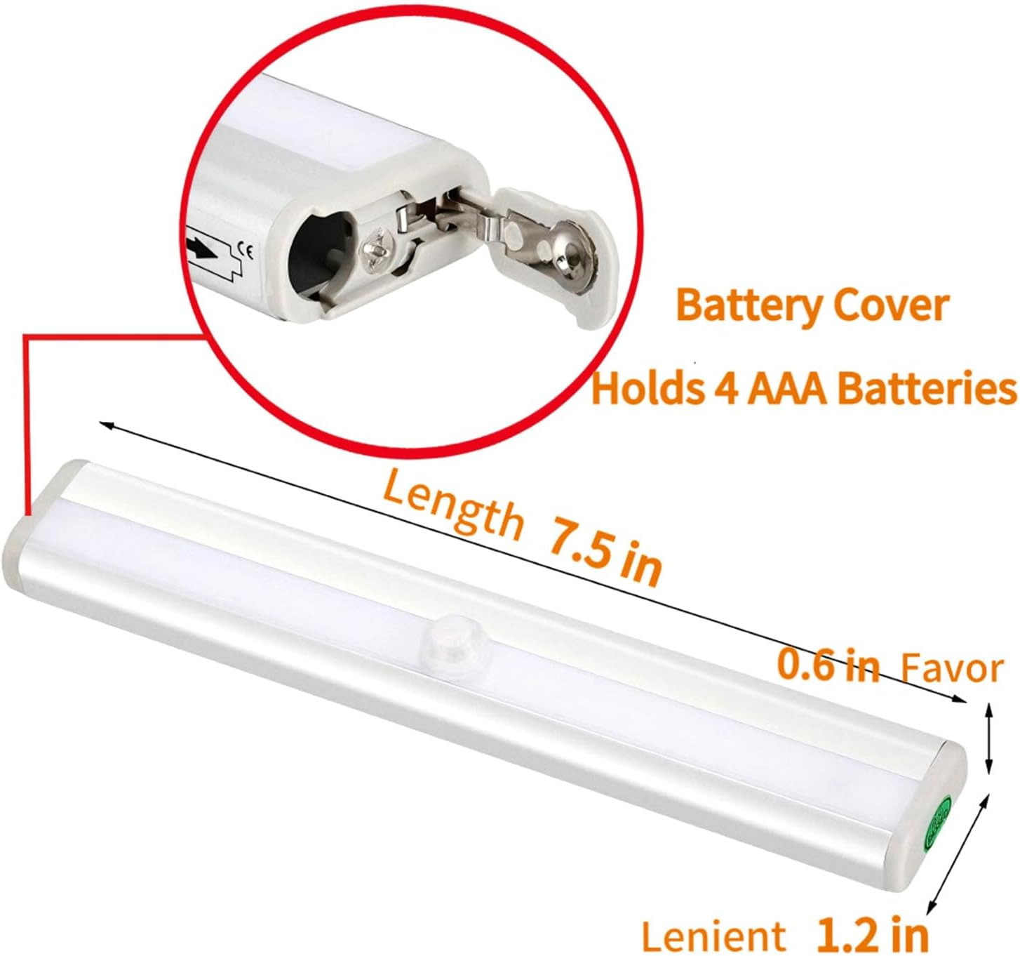 Eine weiße LED-Leiste mit Bewegungssensor, 7,5 Zoll lang, 1,2 Zoll breit, 0,6 Zoll tief.