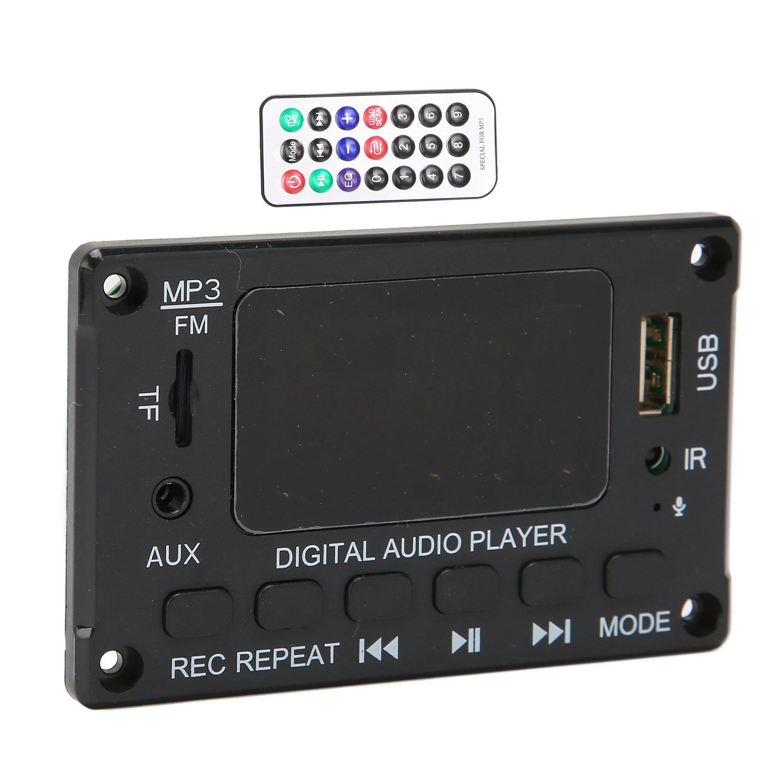 Ein schwarzes Digital-Audio-Player-Modul mit Fernbedienung. Beschriftungen: MP3, FM, TF, AUX, USB, IR.