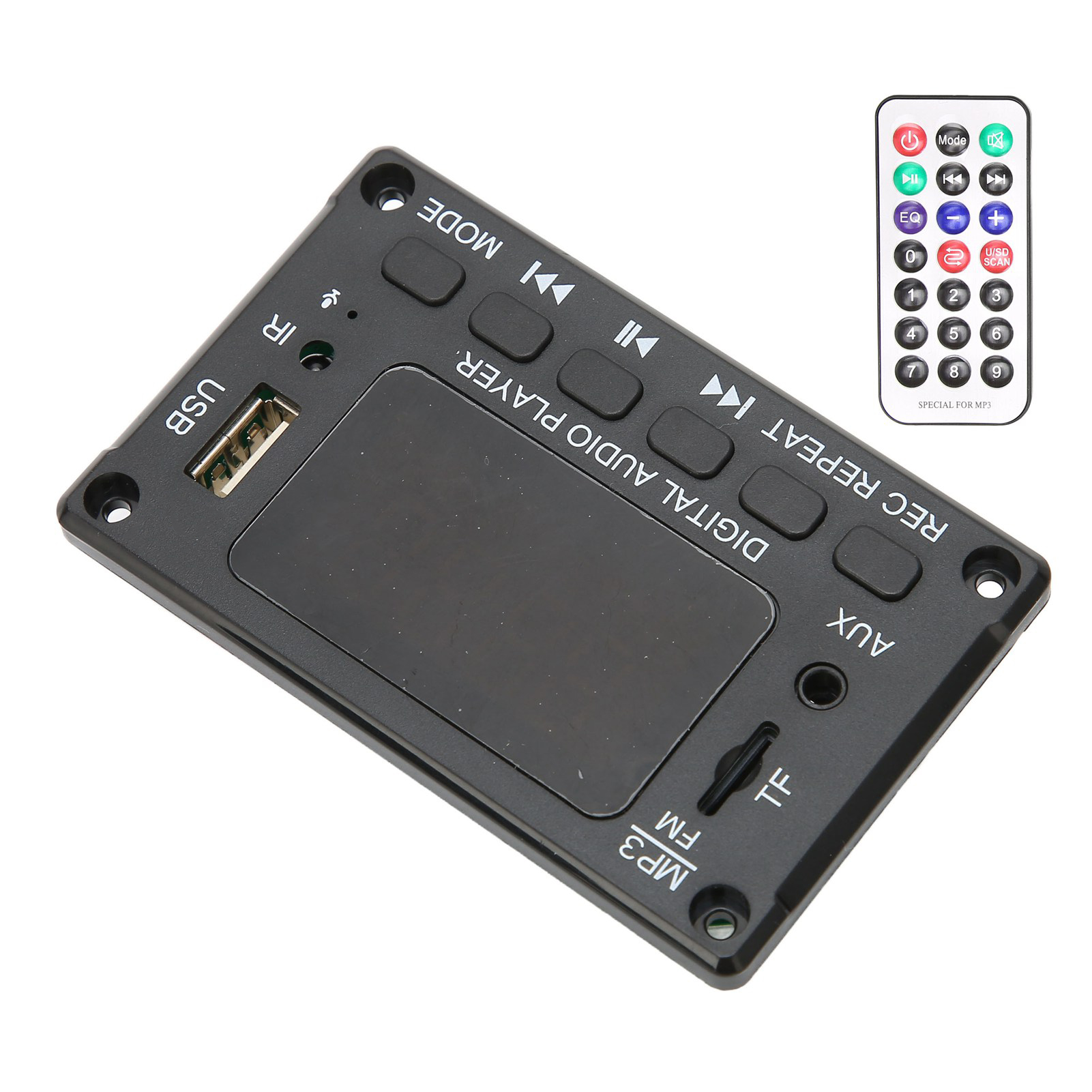 Ein schwarzes digitales Audiomodul mit USB-Anschluss und Fernbedienung.