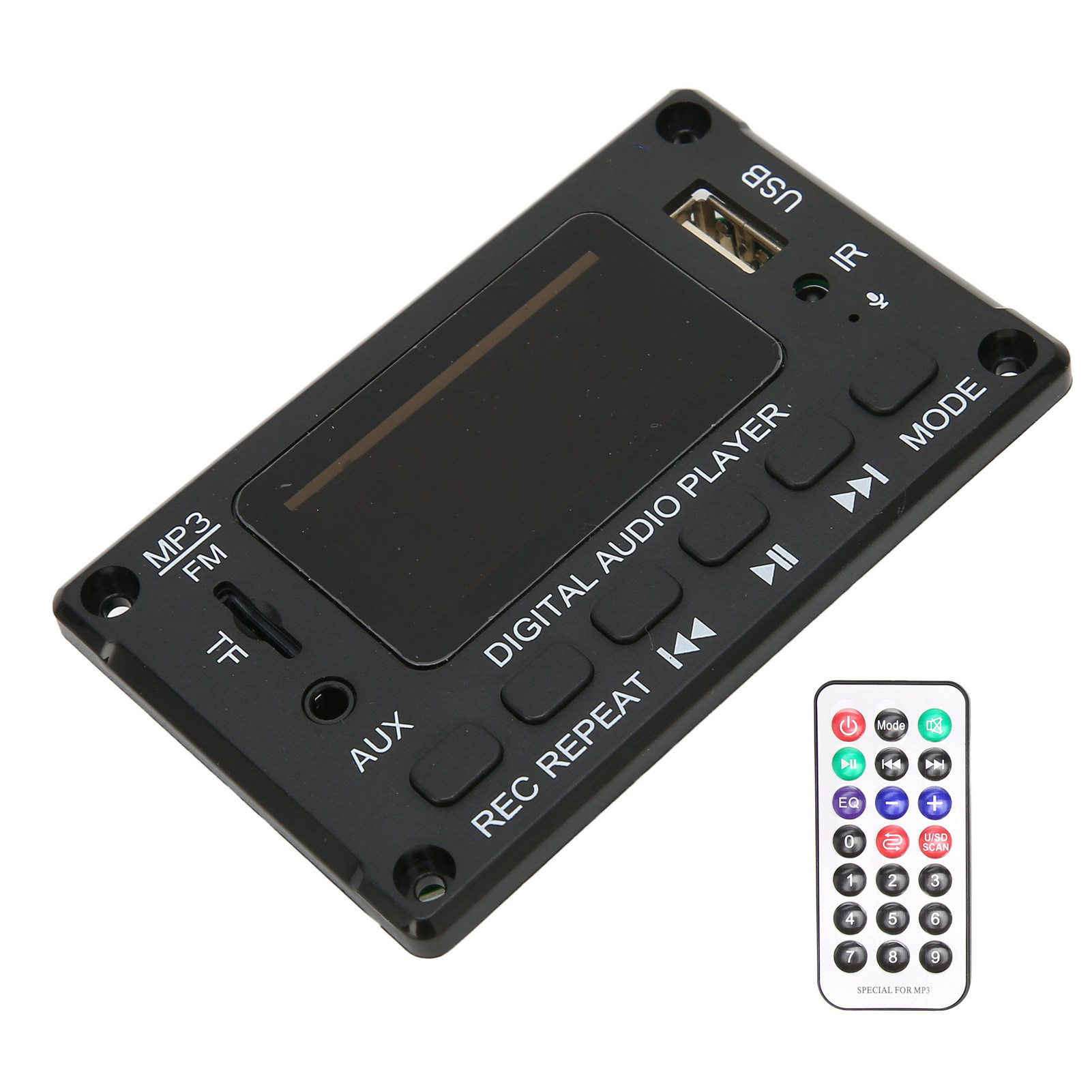 Schwarzes MP3-Player-Modul mit Fernbedienung, USB-, TF- und AUX-Anschlüssen.
