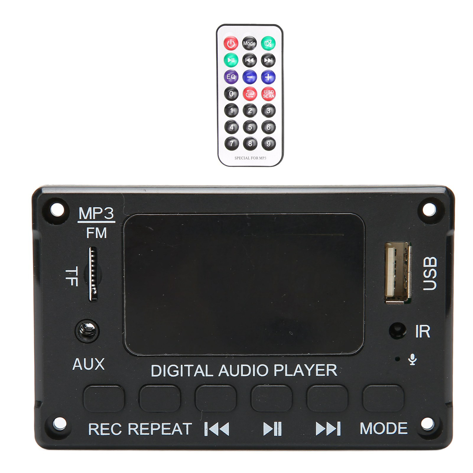 Ein MP3-Player-Modul mit Fernbedienung. Deutlich beschriftete Tasten und Anschlüsse.
