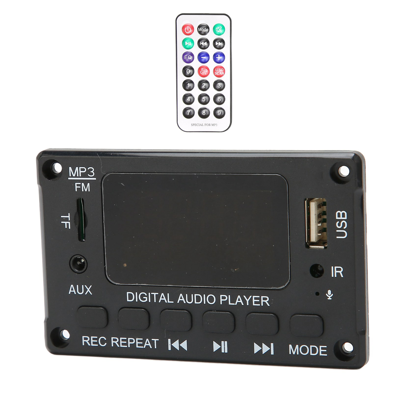 Ein schwarzer Digital-Audio-Player mit Fernbedienung und USB-Anschluss.