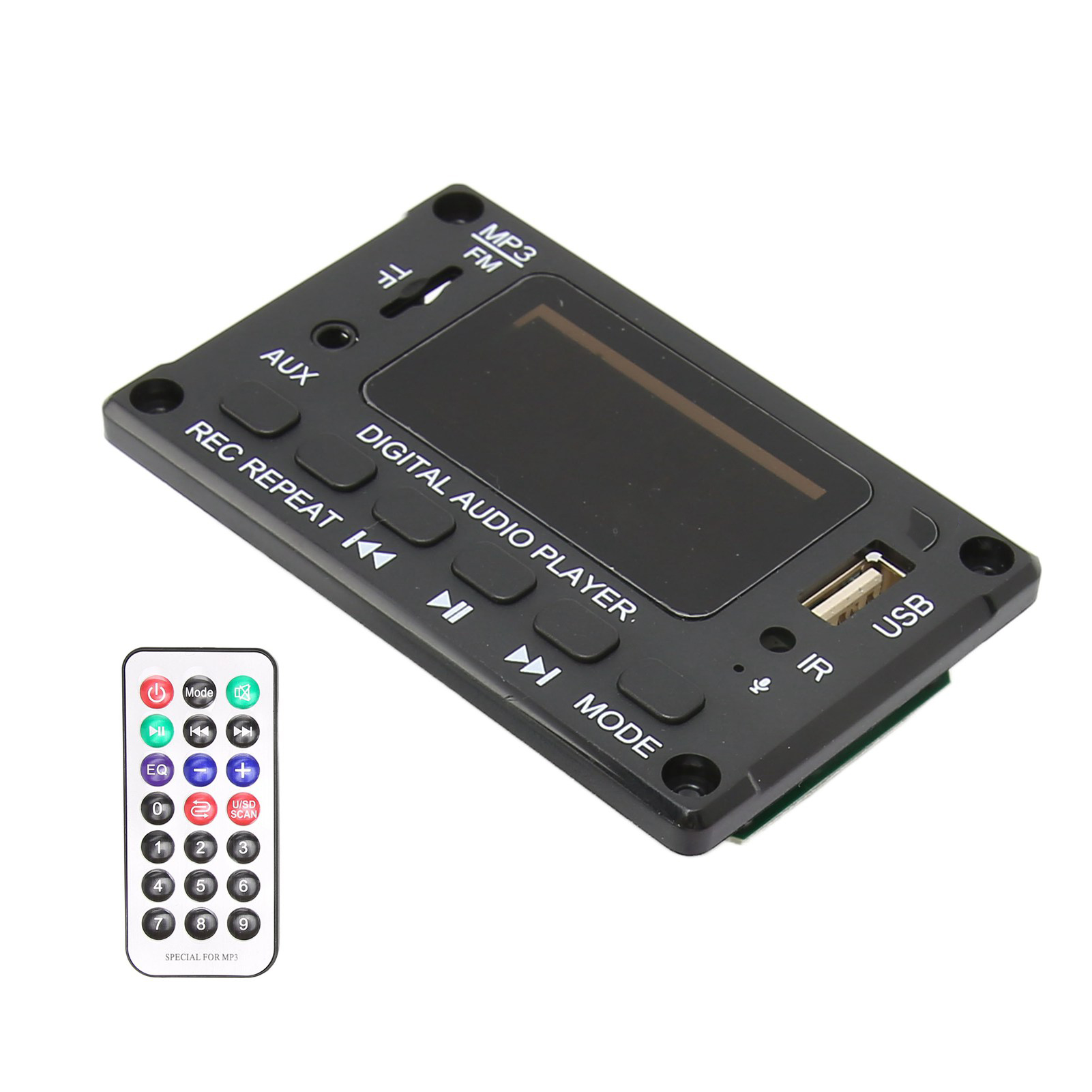 Digitaler Audio-Player mit Fernbedienung, mit Tasten und USB-Anschluss.