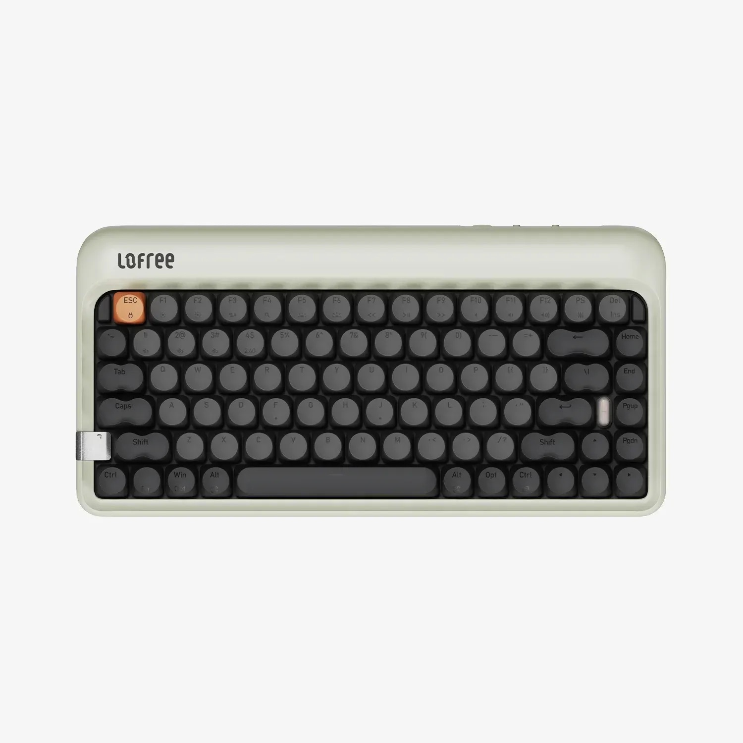 Klawiatura Lofree w stylu retro z okrągłymi czarnymi klawiszami i kremową obudową.