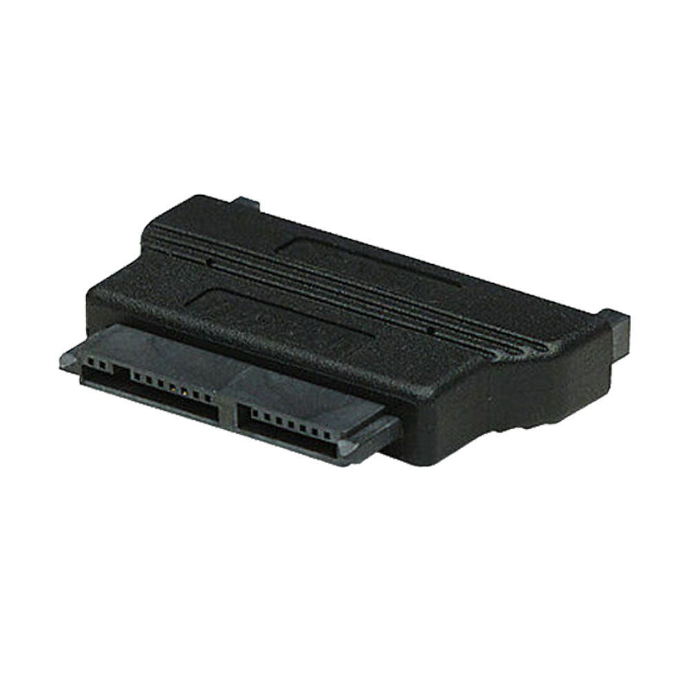 Schwarzer SATA-zu-IDE-Adapter mit zwei Anschlüssen auf weißem Hintergrund.