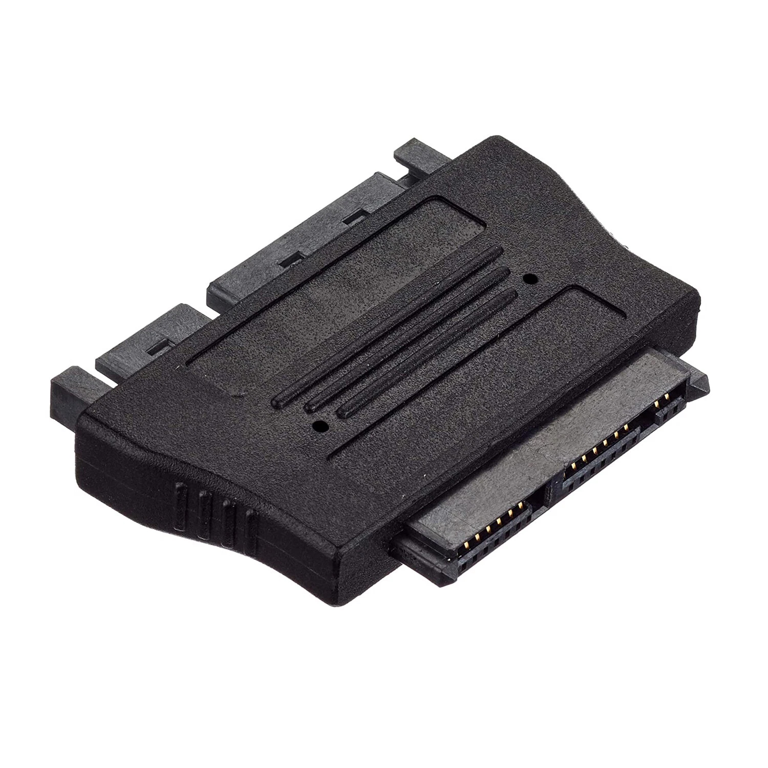 Schwarzer SATA-zu-IDE-Adapter mit sichtbaren Kontakten und Rillen.