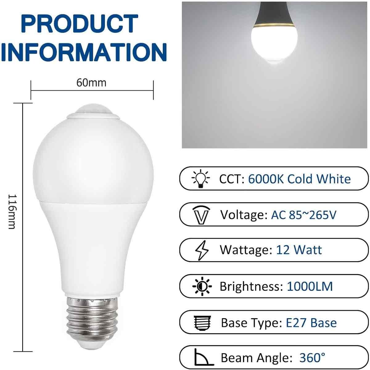 Produktinfo: weiße LED-Birne, 116x60mm, 12W, 1000LM, E27-Sockel, 6000K.