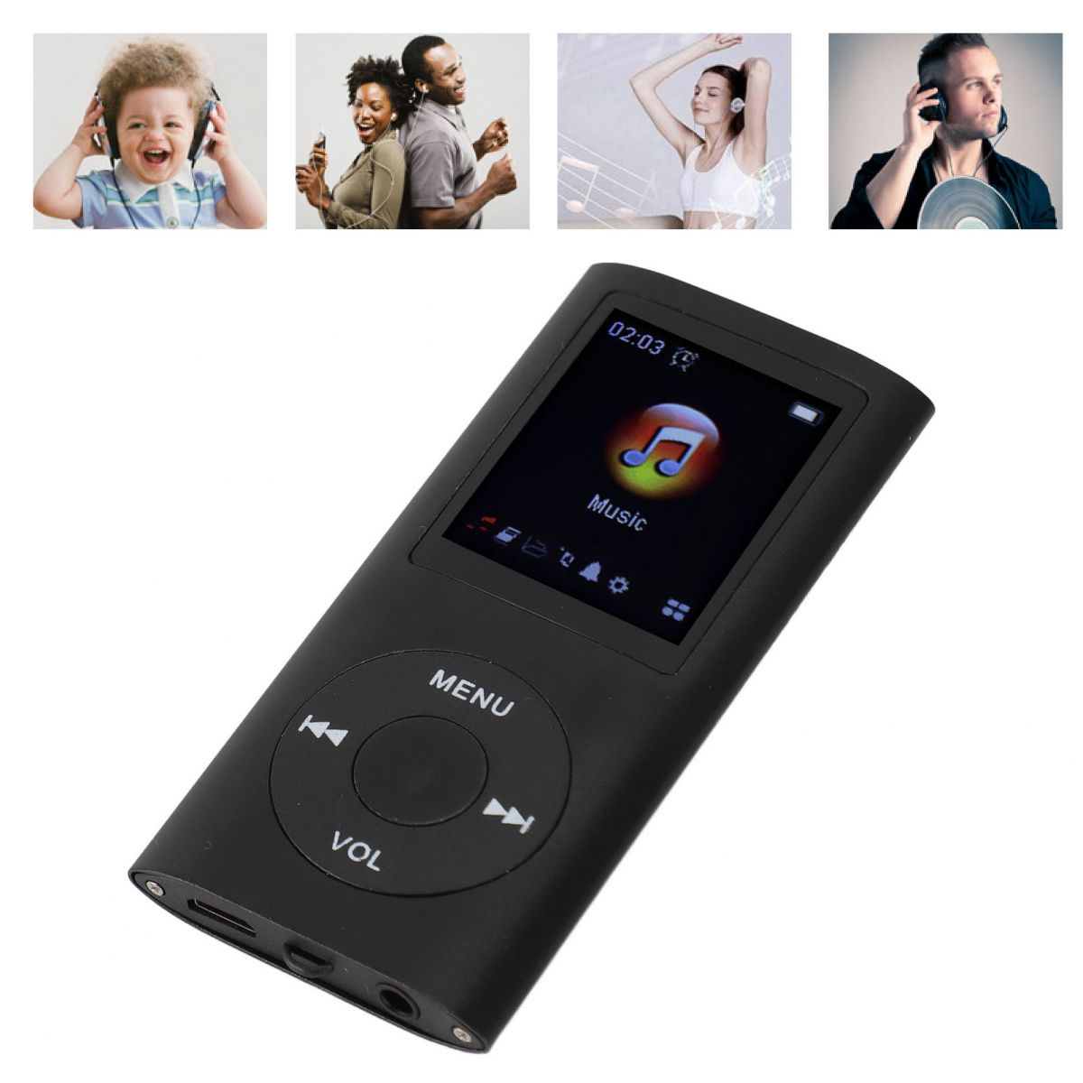 Schwarzer MP3-Player mit Musik-Symbol auf dem Bildschirm und vier Personen im Hintergrund.