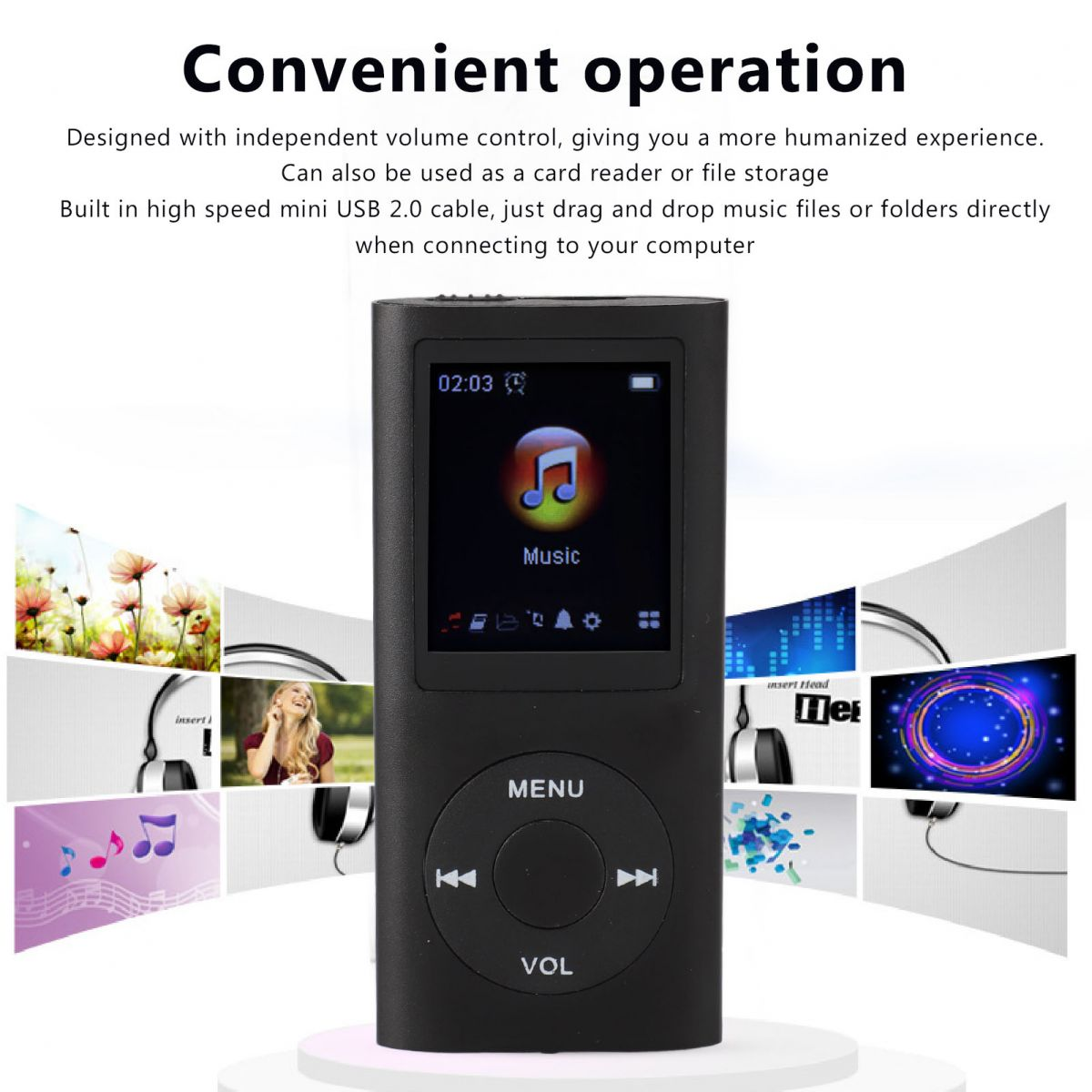 Schwarzer MP3-Player mit Musik-Symbol auf dem Bildschirm und Bedienelementen.