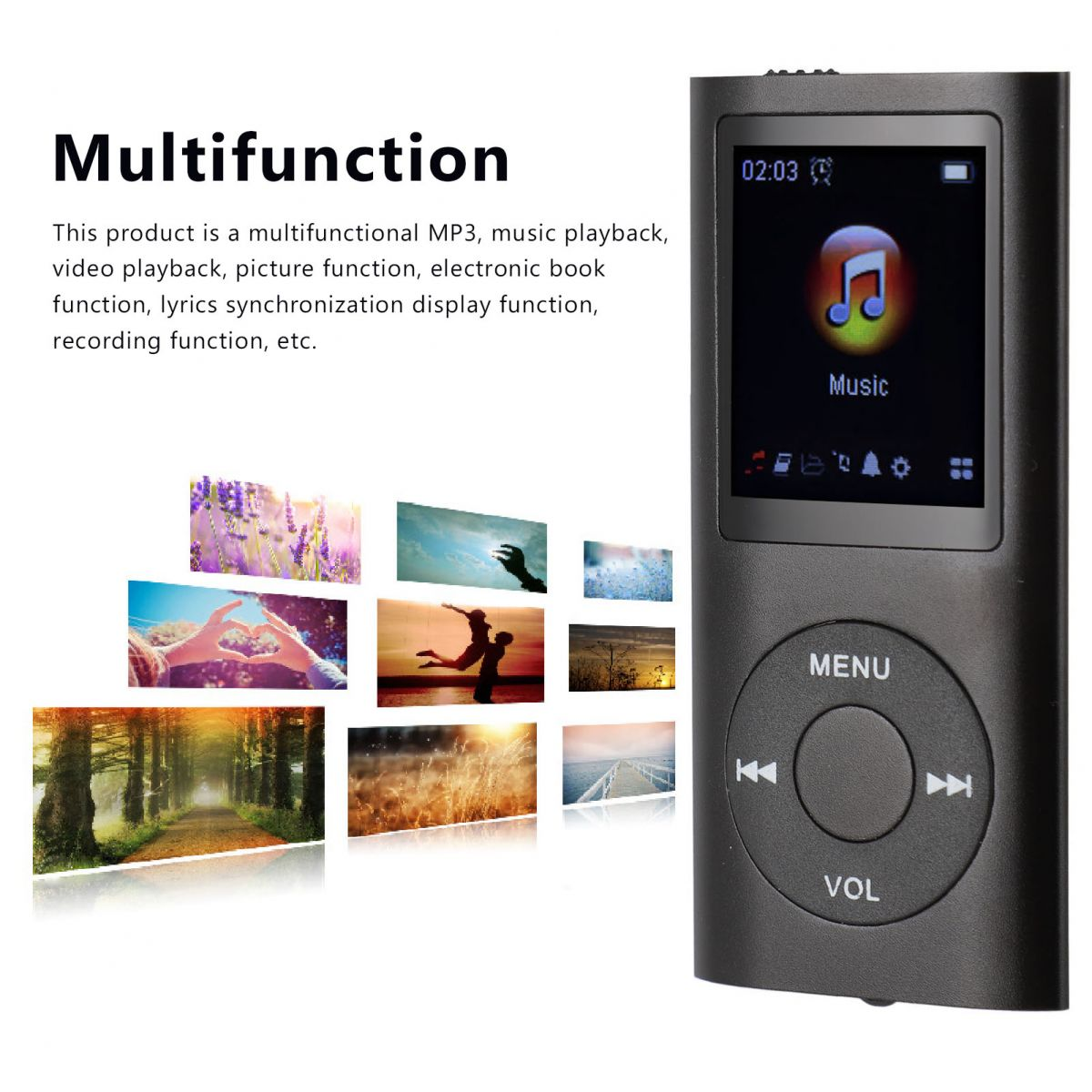 Ein schwarzer MP3-Player mit Musik-Symbol auf dem Bildschirm und vielen kleinen Bildern.