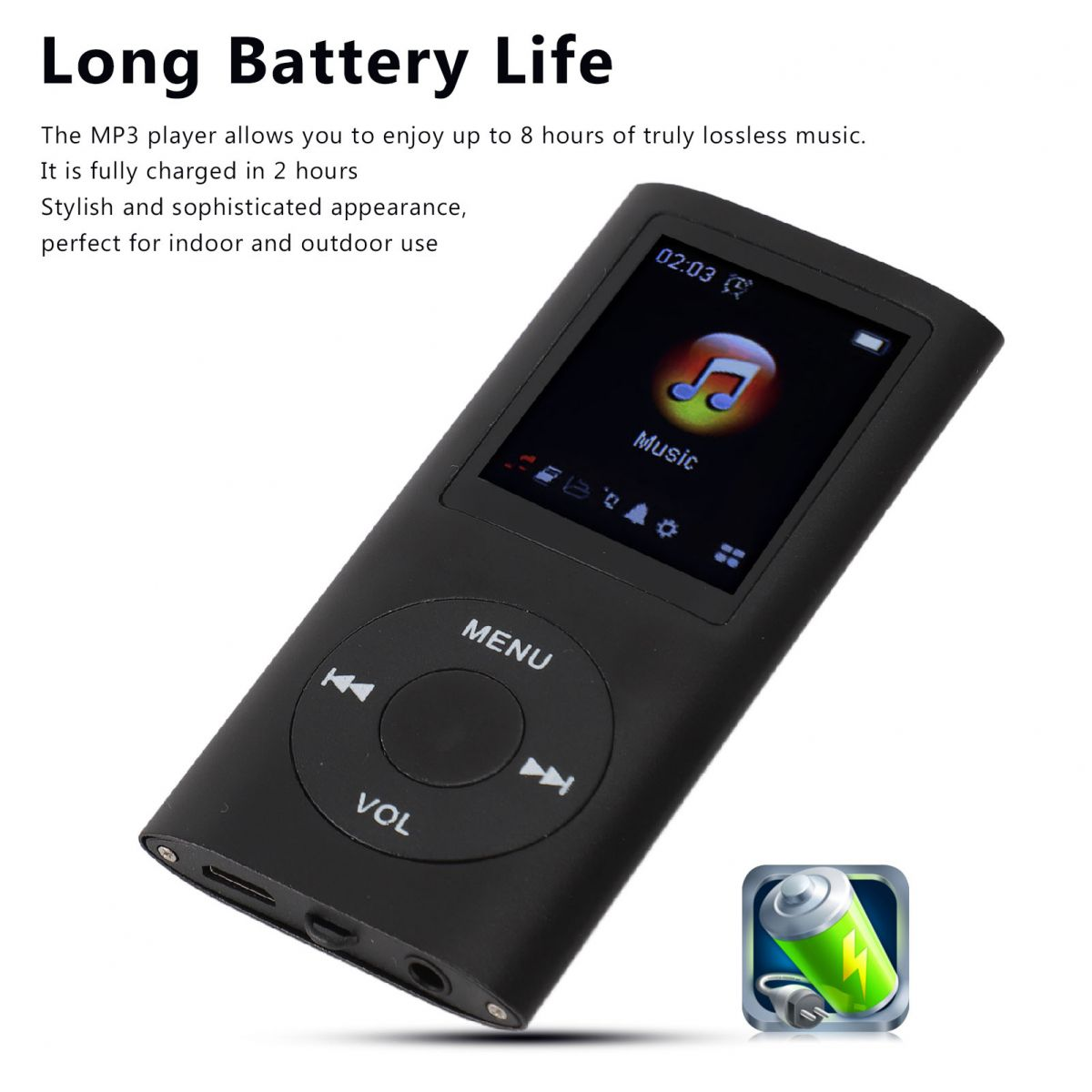 Schwarzer MP3-Player mit Musiksymbol und Akku-Symbol.