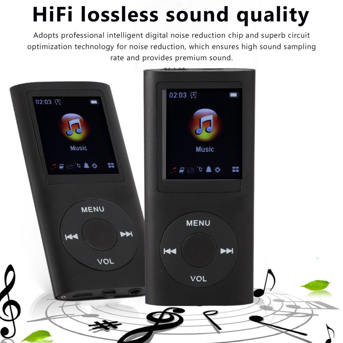 Zwei schwarze MP3-Player mit Musik-Symbolen auf den Bildschirmen, umgeben von Noten.