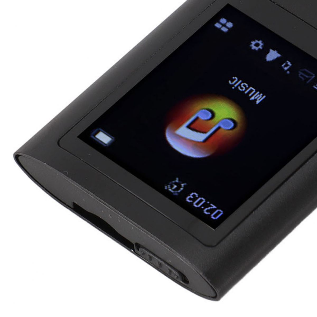 Schwarzer MP3-Player mit Musiknoten-Symbol und Zeitangabe 02:03.