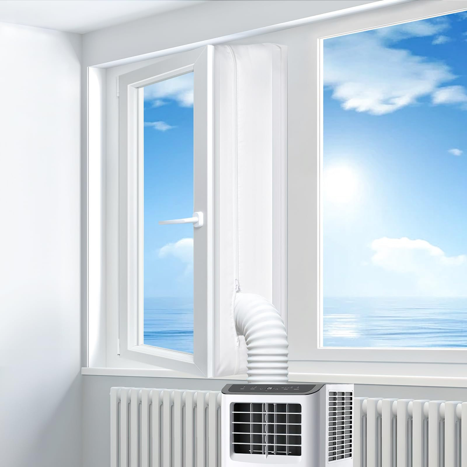 Ein mobiles Klimagerät mit Abluftschlauch ist an einem Fenster installiert.