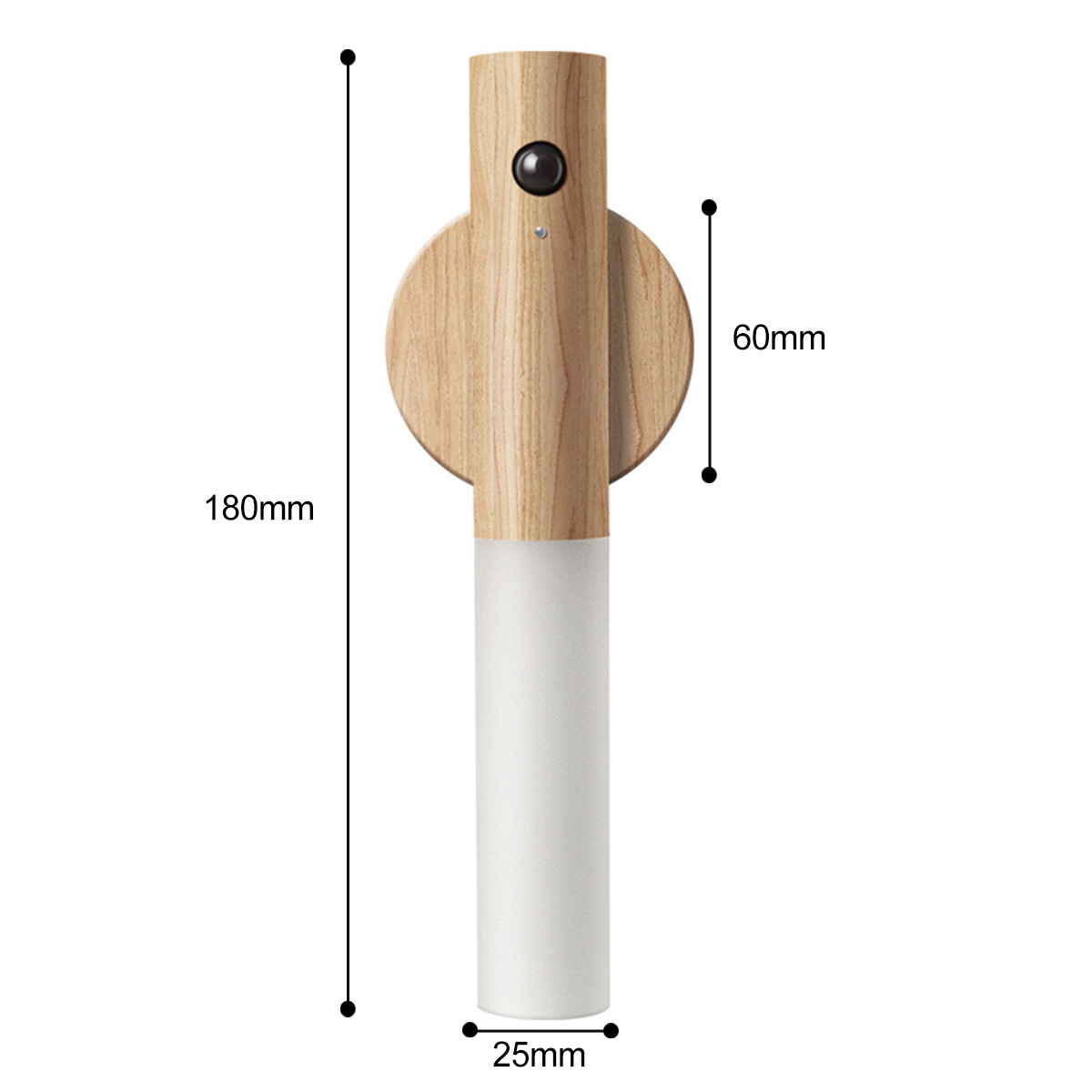 Ein schlichtes Holzlicht mit einem runden Element, einem Sensor und einem Milchglaszylinder.
