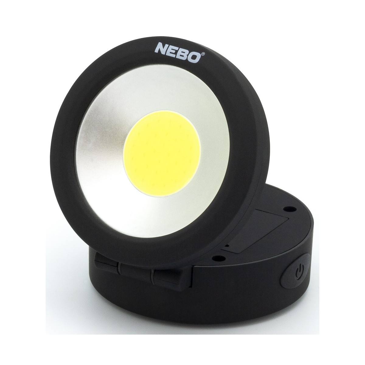 Eine schwarze NEBO-Arbeitsleuchte mit hellem gelbem LED-Mittelteil und silbernem Reflektor.