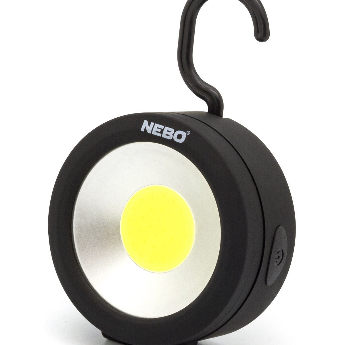 Rundes schwarzes Nebo-Arbeitslicht mit Haken und hellem LED-Kern.