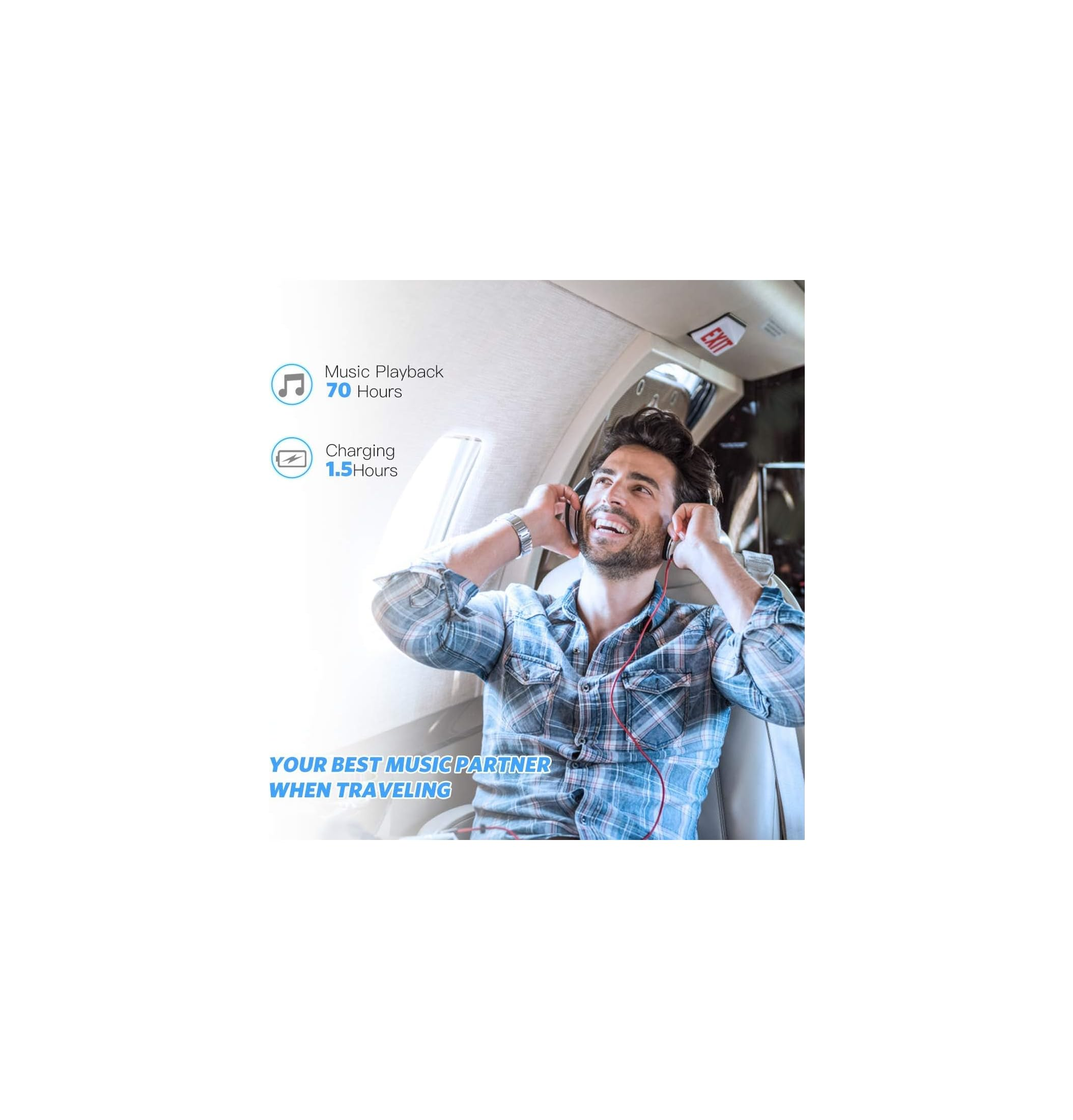 Mann mit Kopfhörern im Flugzeug, 70 Std. Musik, 1,5 Std. Ladezeit.