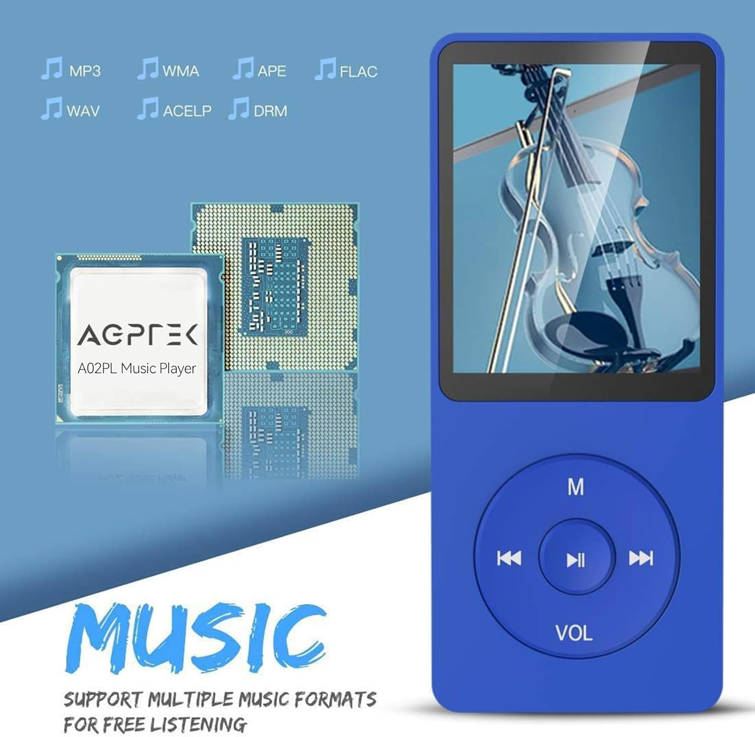 Blauer MP3-Player mit Geige auf dem Bildschirm. Prozessoren und Musikformate daneben.