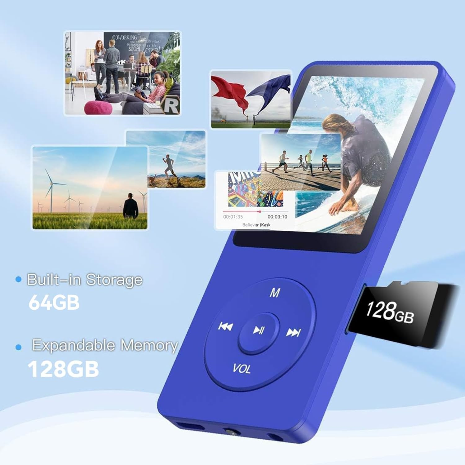 Ein blauer MP3-Player mit 64 GB Speicher und 128 GB erweiterbarem Speicher mit SD-Karte.