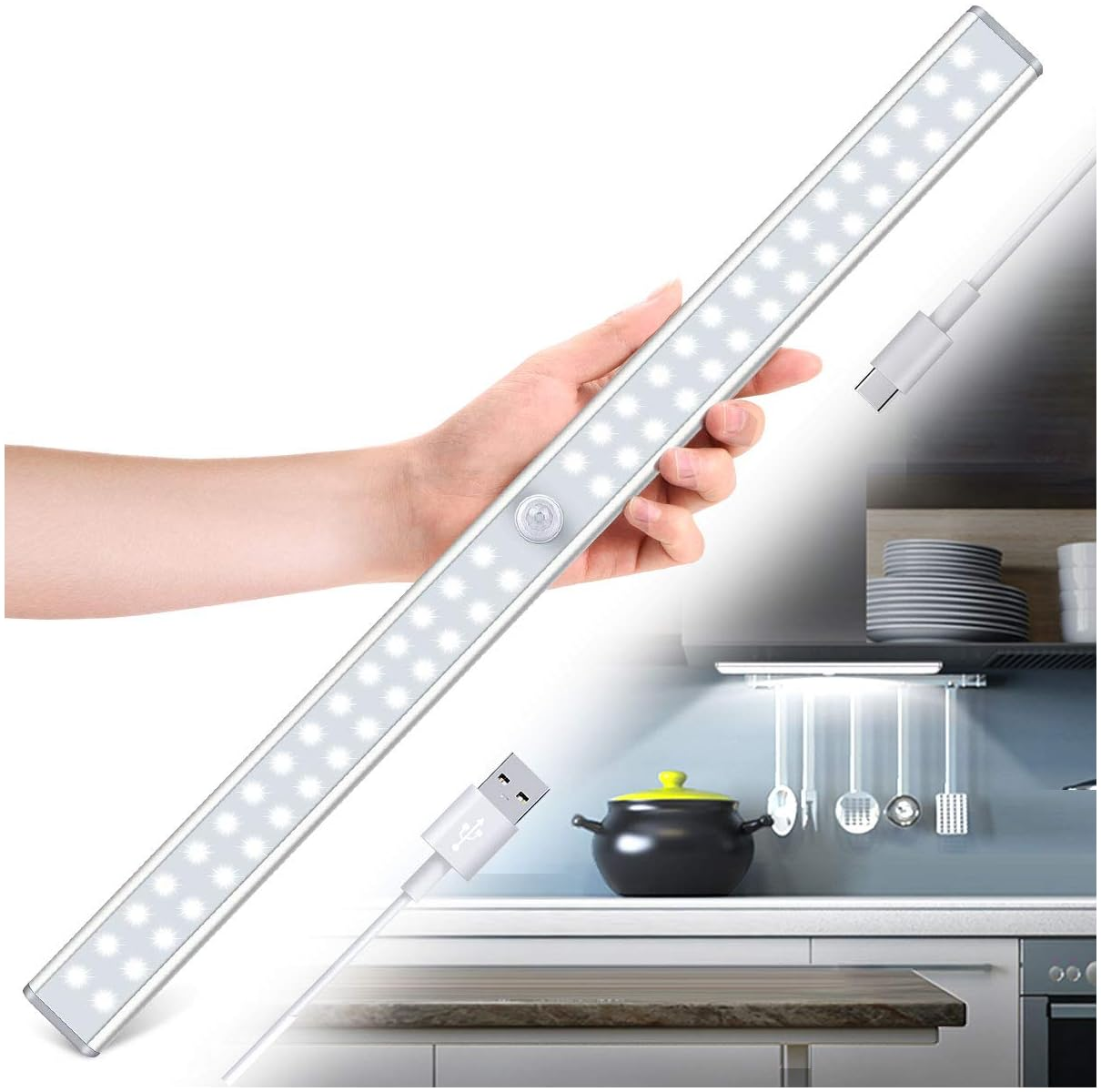 Eine Hand hält eine lange LED-Leiste mit einem USB-Kabel. Unten ist eine Küchenzeile.