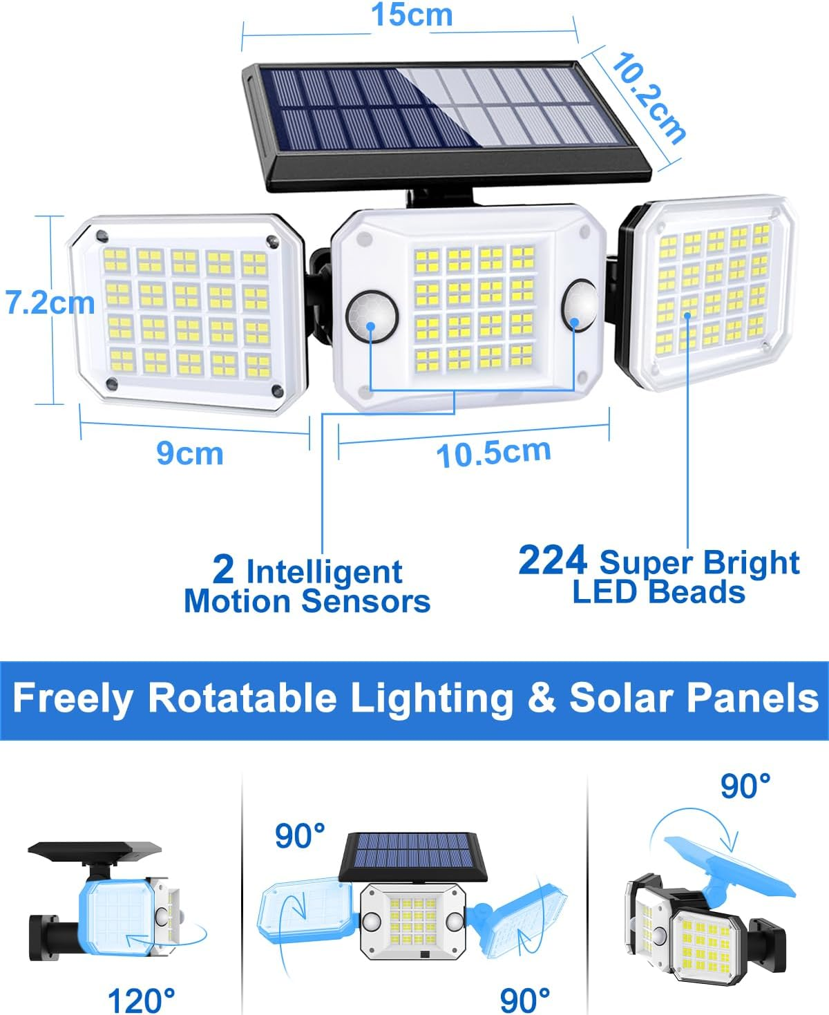 Solarleuchte mit drei verstellbaren Lichtern, Solarpanel und Bewegungssensoren.