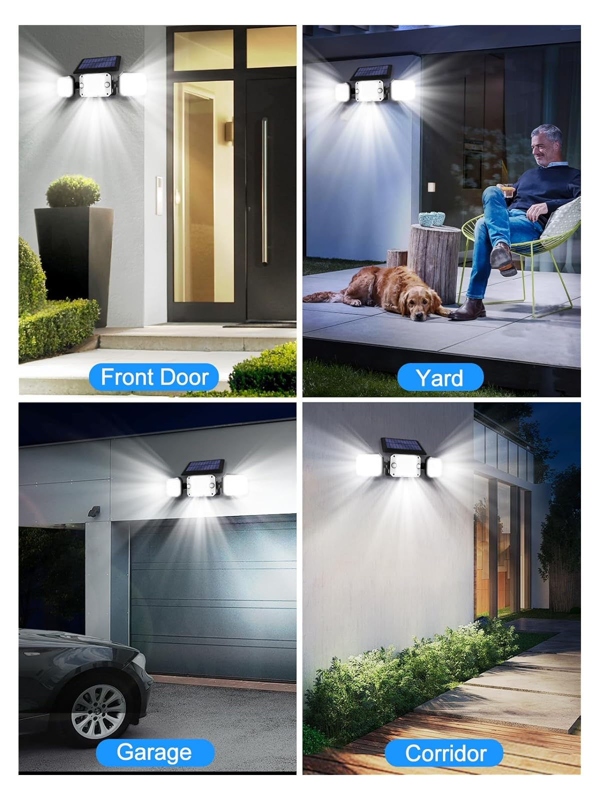 Solarleuchten beleuchten eine Haustür, einen Hof mit Hund und Mann, eine Garage mit Auto und einen Korridor.