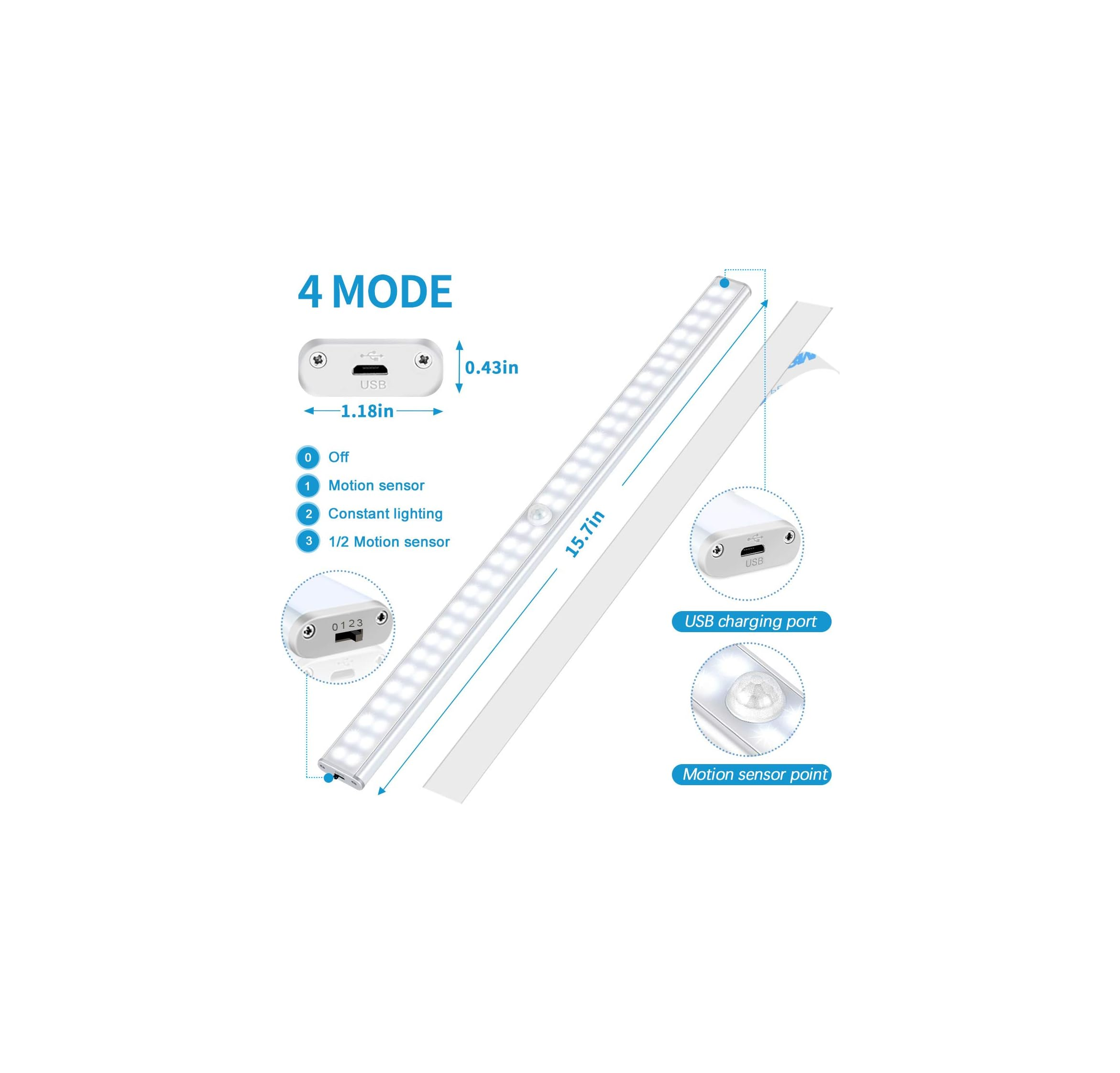 Ein 15,7 Zoll langes LED-Lichtband mit USB-Anschluss und Bewegungssensor.