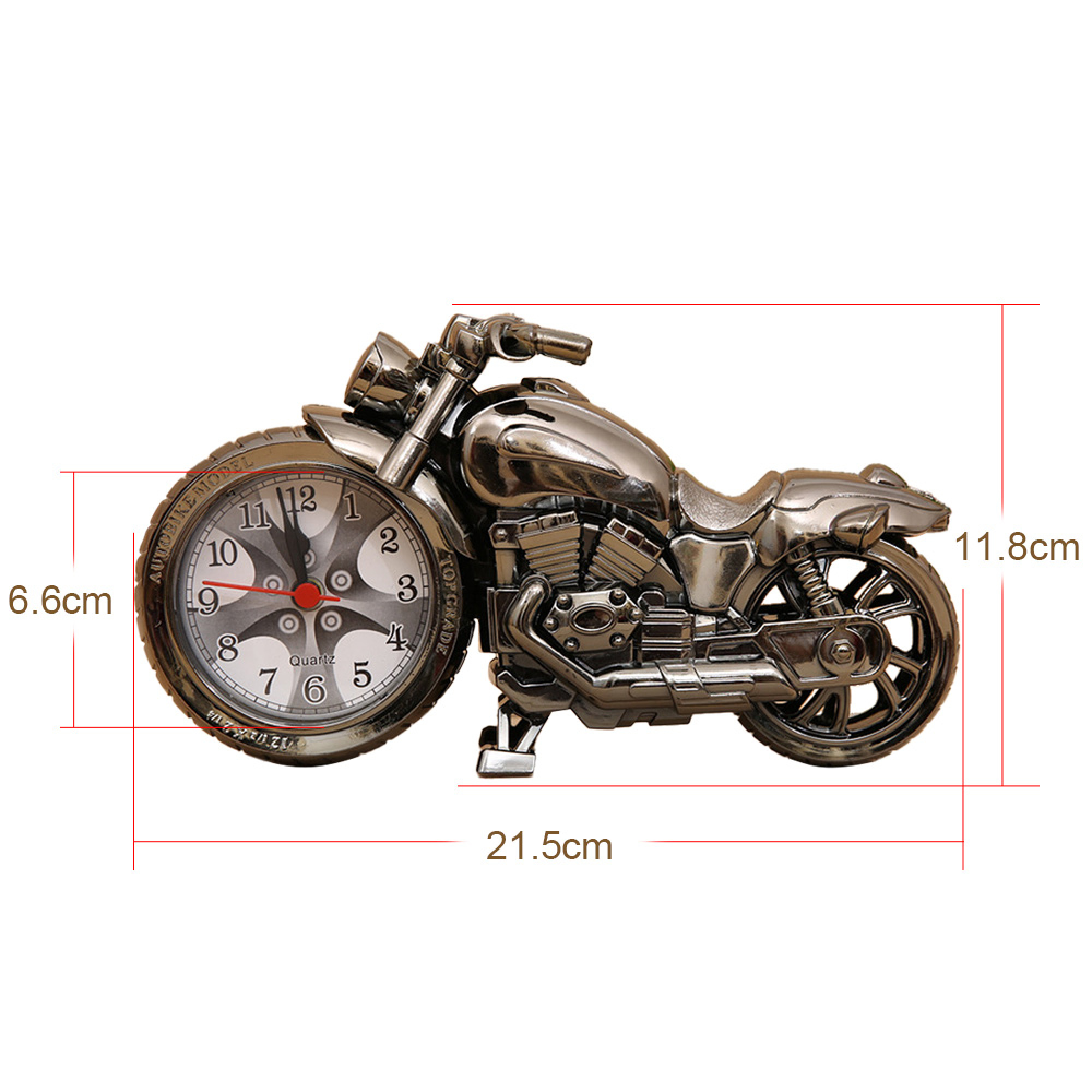 Ein silbernes Motorrad mit einem Zifferblatt als Vorderrad.