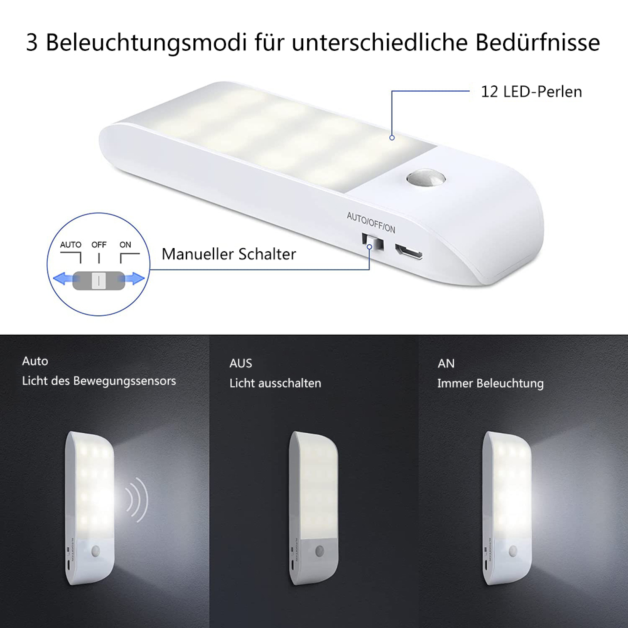 Ein weißes LED-Nachtlicht mit 3 Modi: Bewegungssensor, Aus, Dauerlicht.